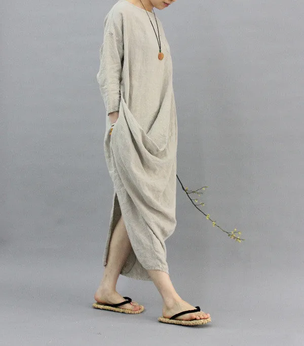 100% linen kaftan,extravagant long dress, holiday trip,women linen maxi dress, asymmetry robe dress