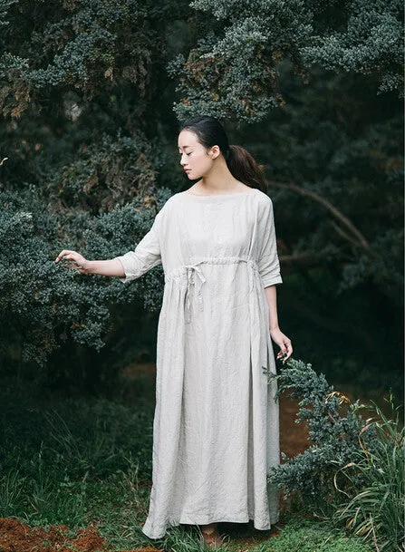 100% linen kaftan,fitting long tunic, holiday trip,women linen maxi dress,zen robe, 3 quarter sleeve gown,plus size clothing bust>140cm