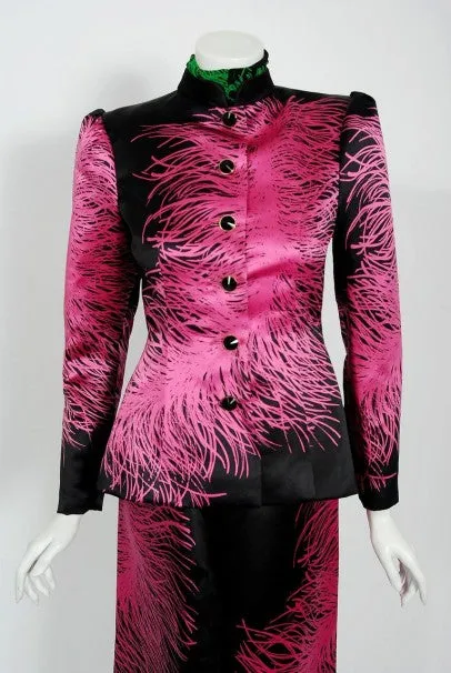 1979 Givenchy Haute Couture Novelty Feather Print Silk Jacket Blouse & Skirt Set