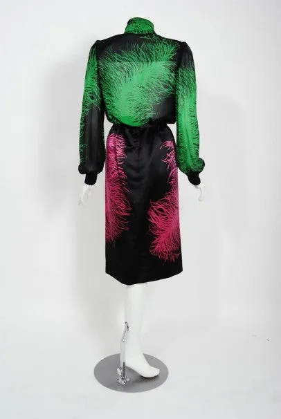 1979 Givenchy Haute Couture Novelty Feather Print Silk Jacket Blouse & Skirt Set