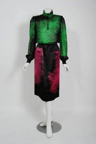 1979 Givenchy Haute Couture Novelty Feather Print Silk Jacket Blouse & Skirt Set