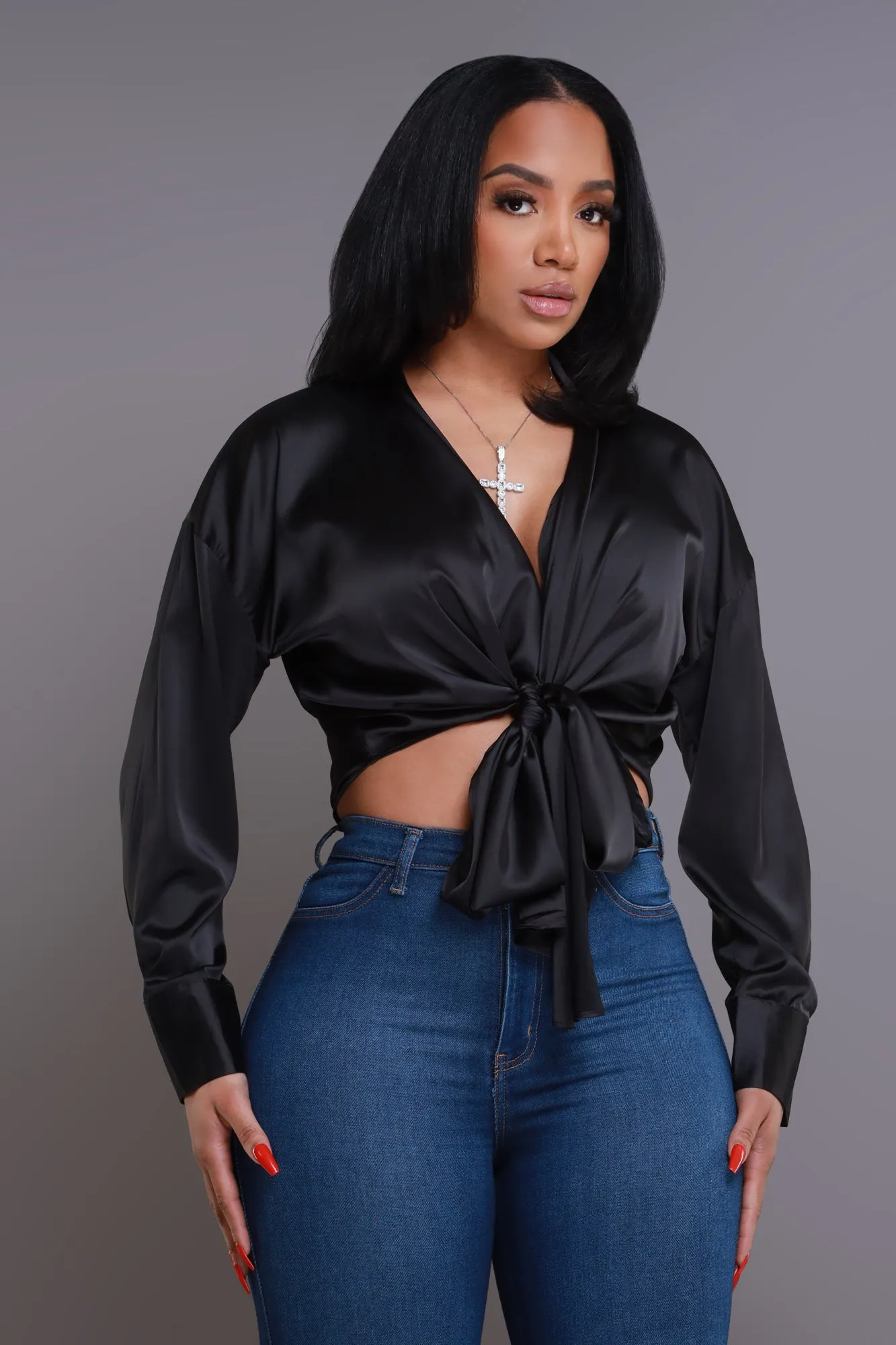 Above The Law Satin Tie Up Blouse - Black