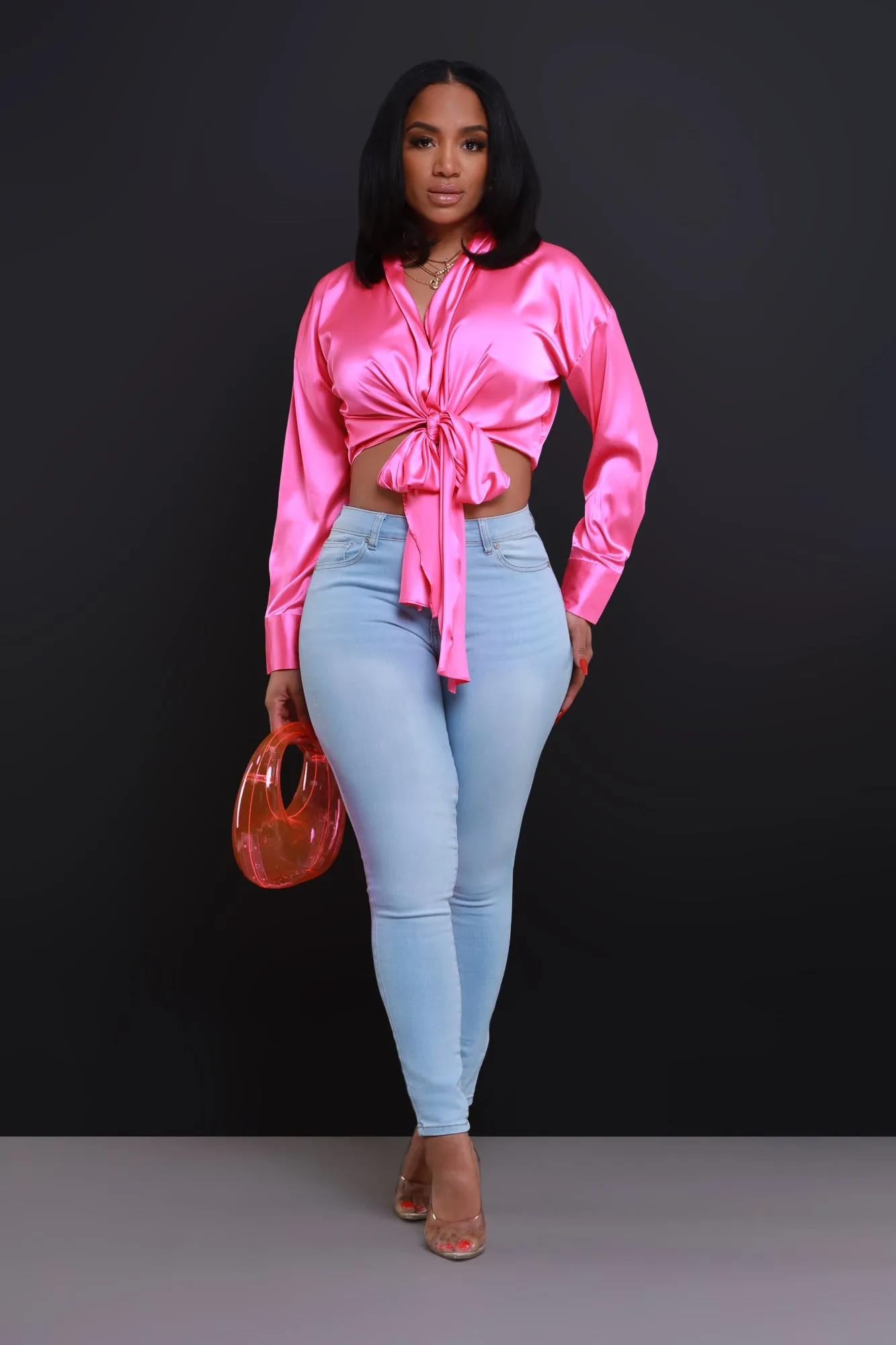 Above The Law Satin Tie Up Blouse - Pink