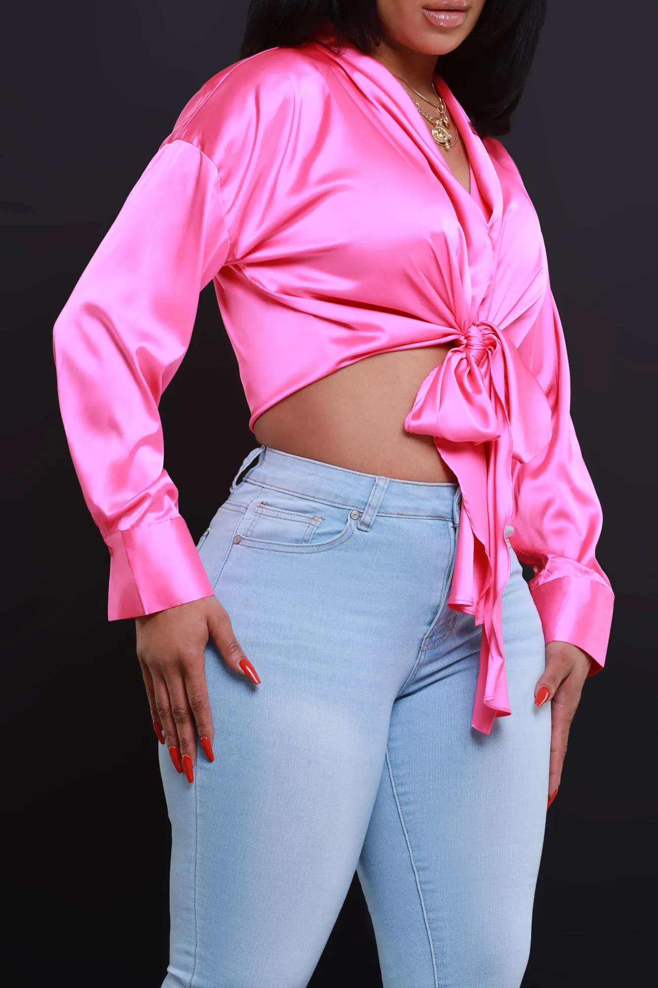 Above The Law Satin Tie Up Blouse - Pink