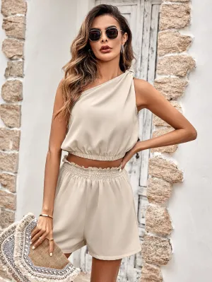 *APP EXCLUSIVE* Cold Shoulder Crop Top and Paperbag Waist Shorts Set