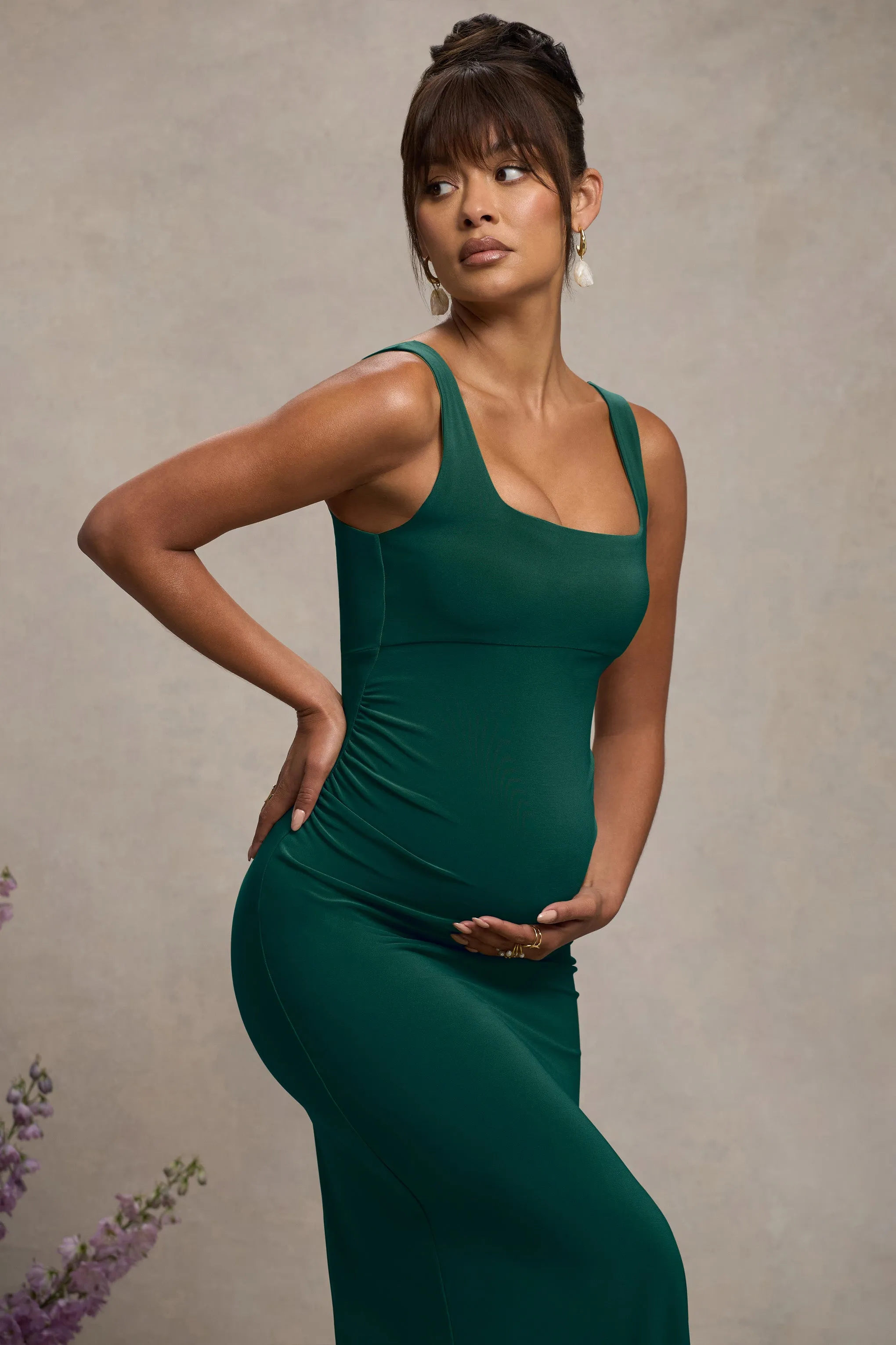 Avril | Bottle Green Square Neck Maternity Maxi Dress with Split