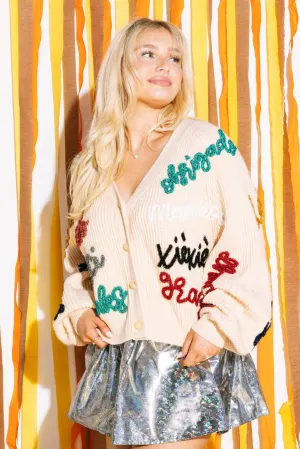 Beige Multi Thanks Glitter Script Cardigan