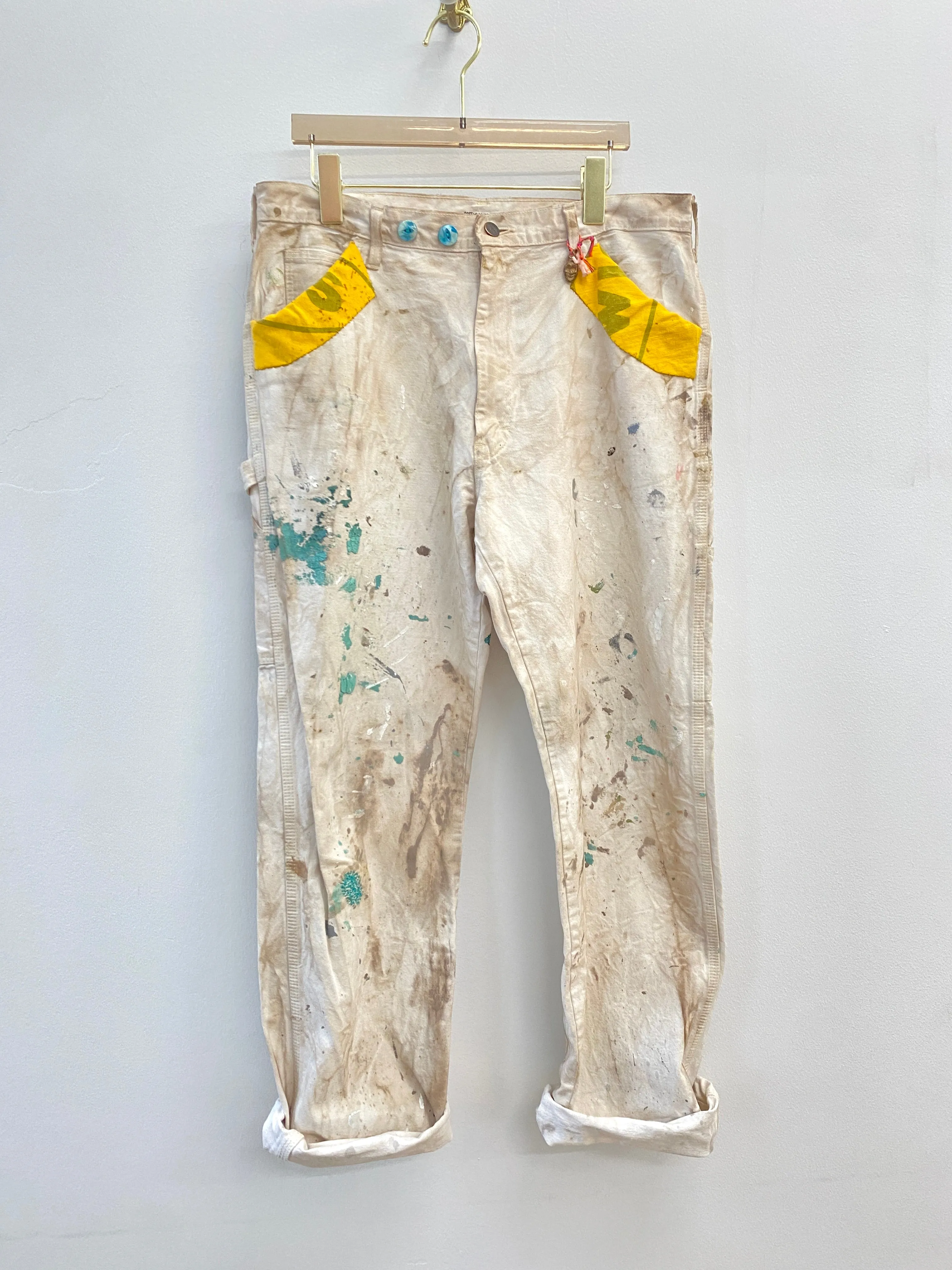 Beige Painters Pant w/ Teal, Grey & White Splattered Paint & Yellow Patch Over Pockets & Vintage Cracker Jack Charms