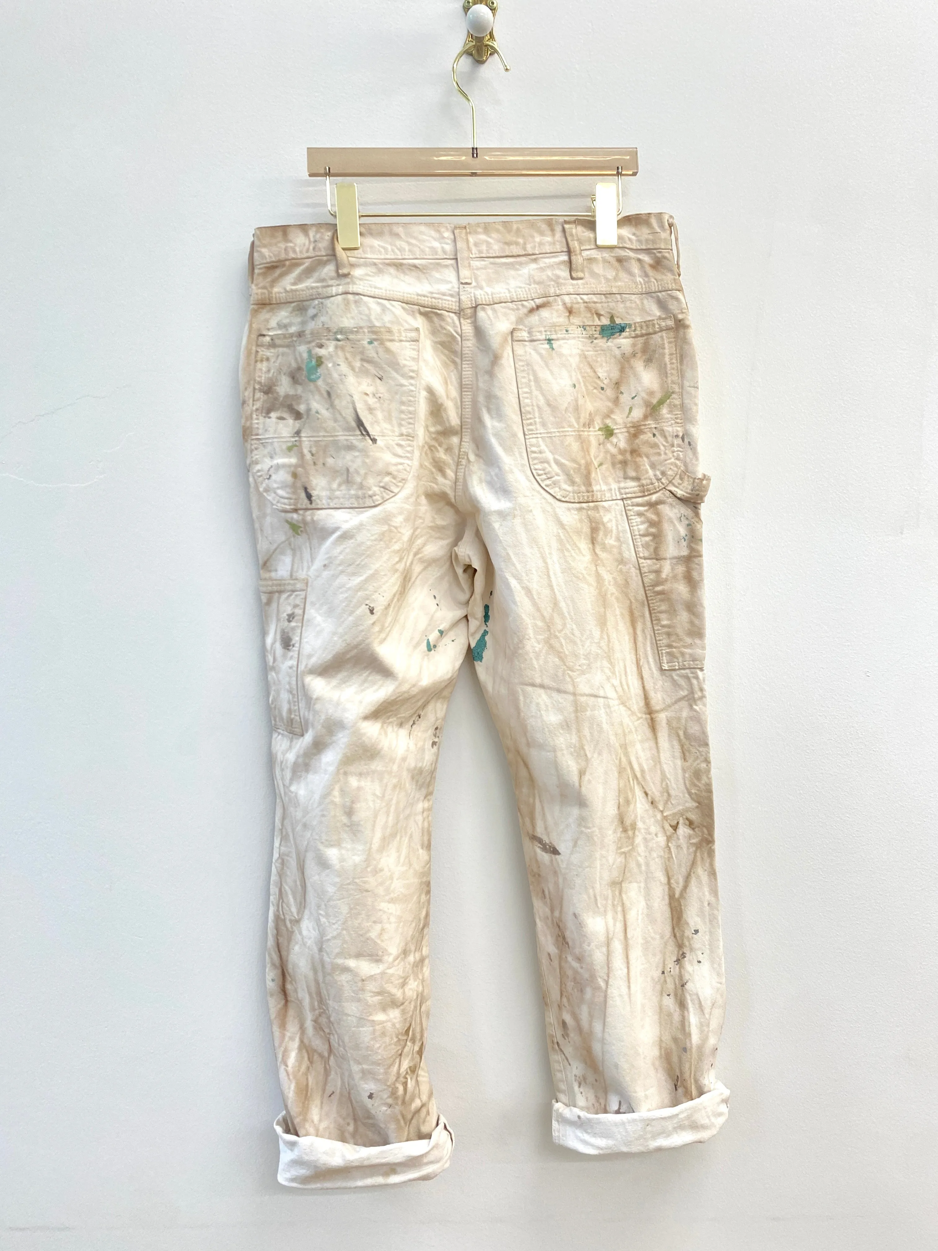 Beige Painters Pant w/ Teal, Grey & White Splattered Paint & Yellow Patch Over Pockets & Vintage Cracker Jack Charms