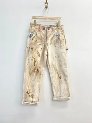 Beige Painters Pants w/ Blue Patched Pockets, Iron Rust Dye Detail & Vintage Cracker Jack Charms (Reworked)