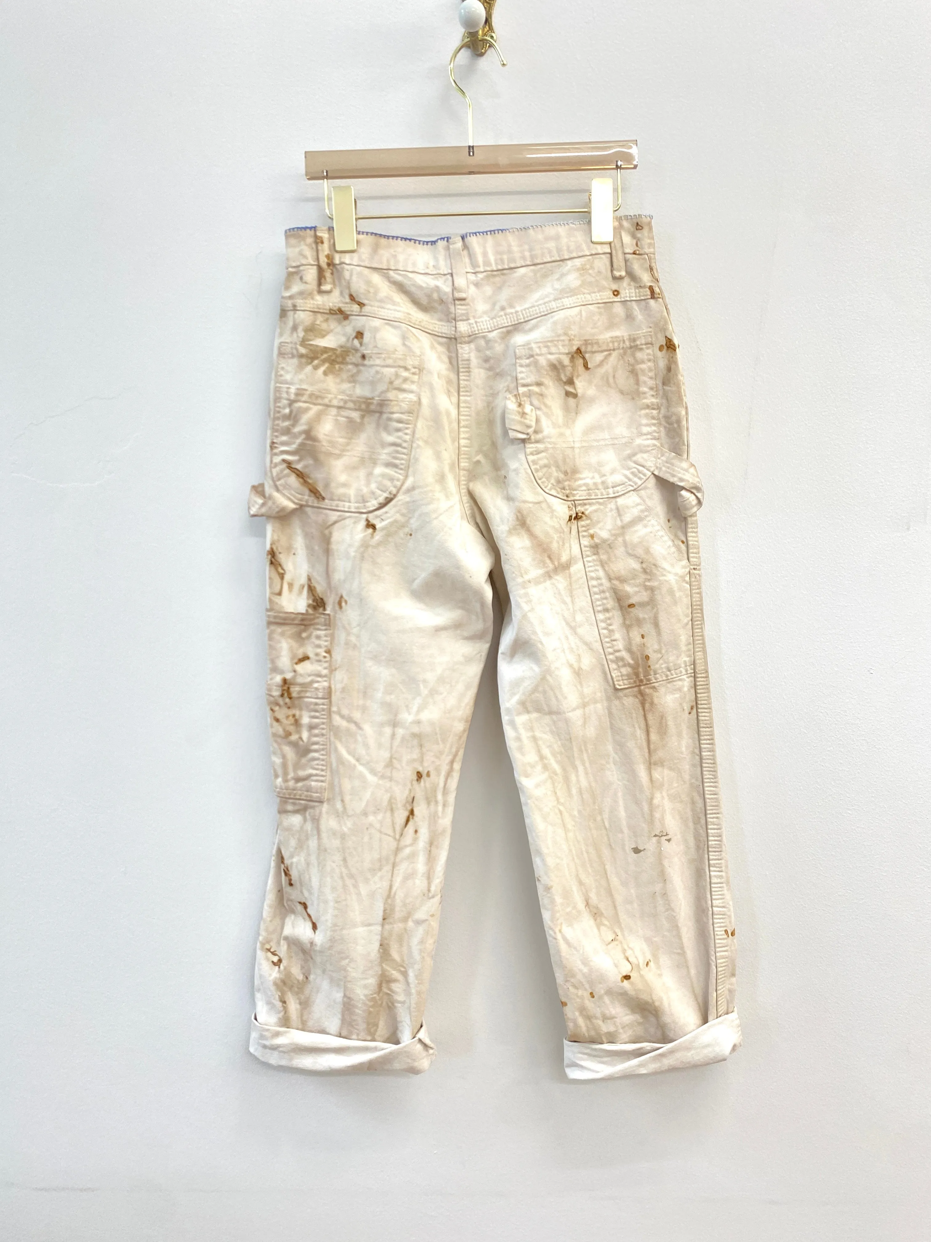 Beige Painters Pants w/ Blue Patched Pockets, Iron Rust Dye Detail & Vintage Cracker Jack Charms (Reworked)