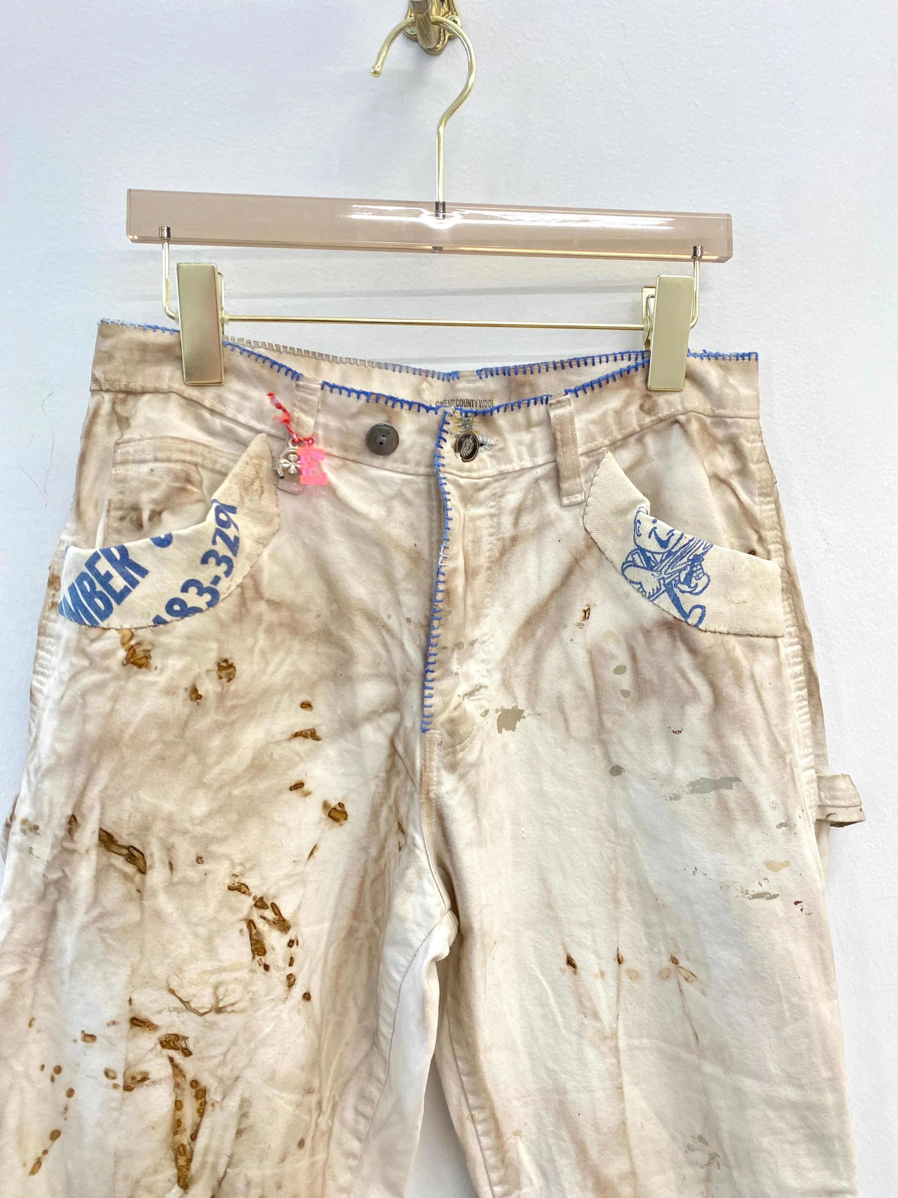 Beige Painters Pants w/ Blue Patched Pockets, Iron Rust Dye Detail & Vintage Cracker Jack Charms (Reworked)