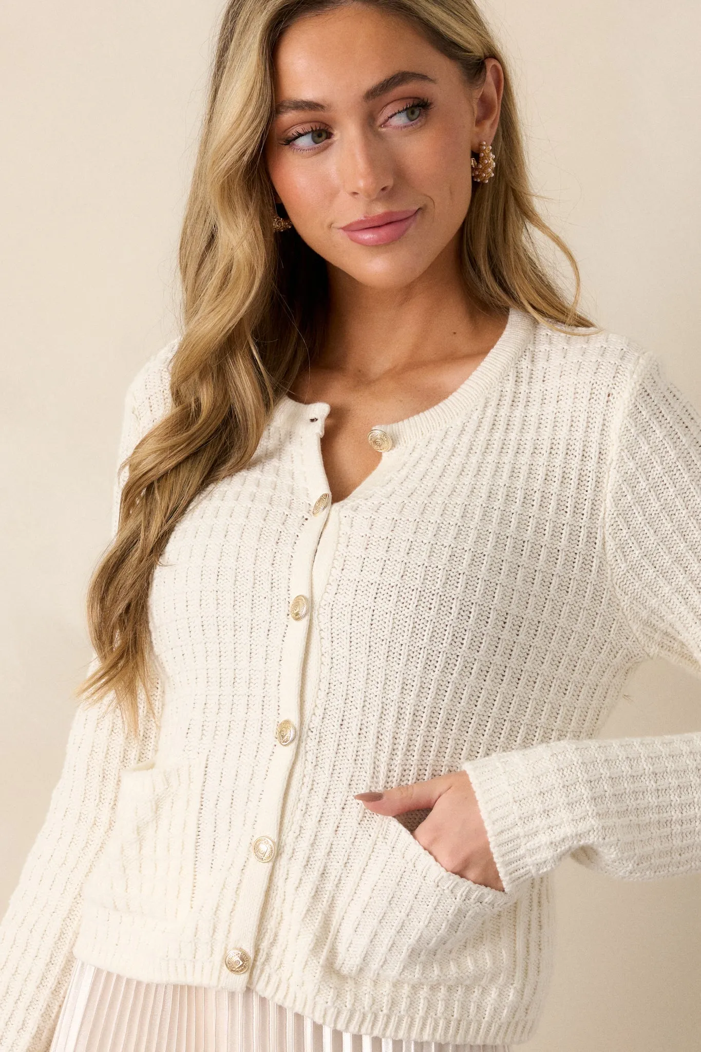 Between The Lines Ivory Waffle Knit Cardigan