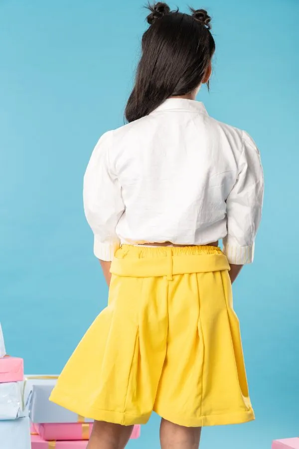 Butterfly embroidered white top with stylish yellow skirt