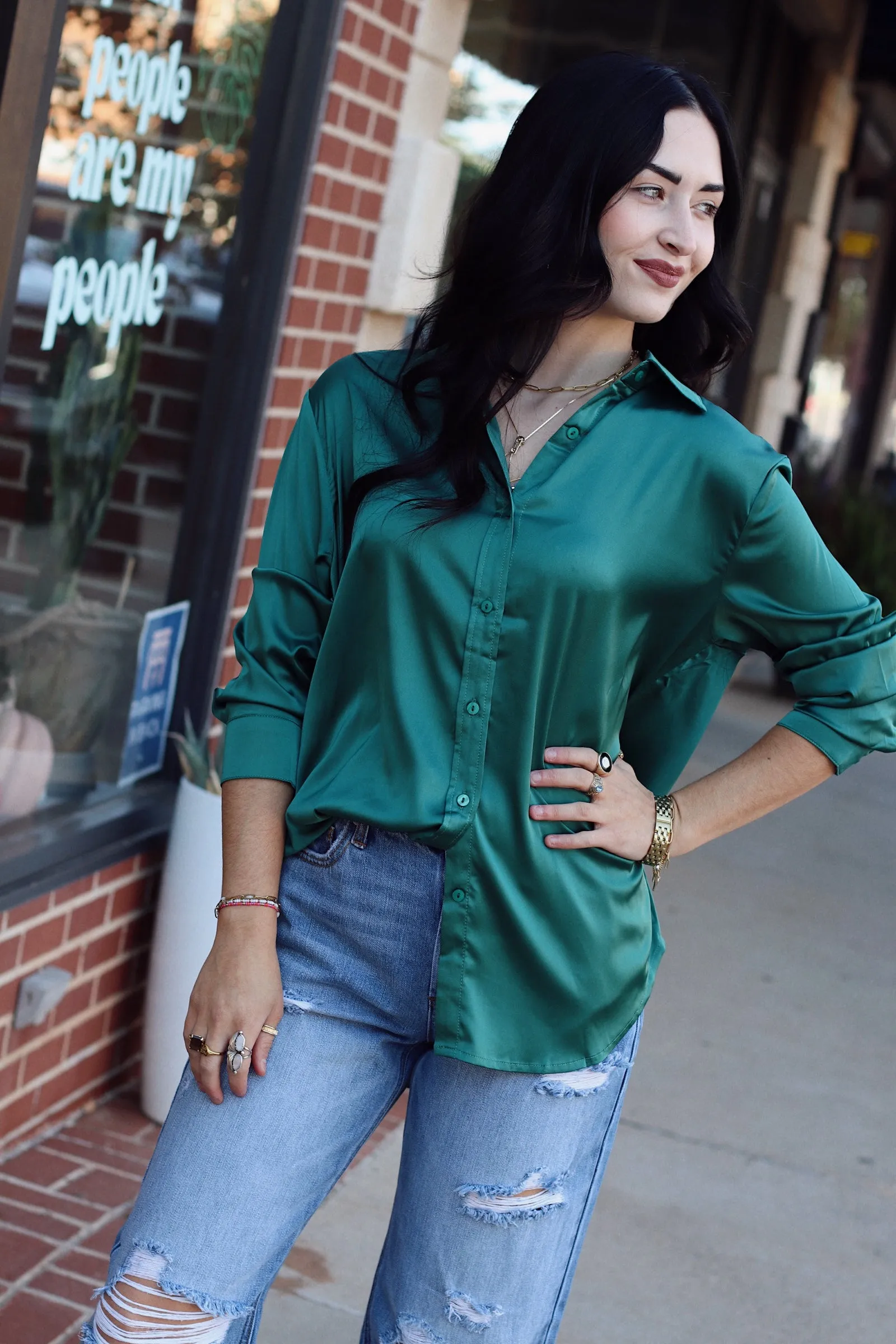 Cassidy Satin Blouse   Hunter Green