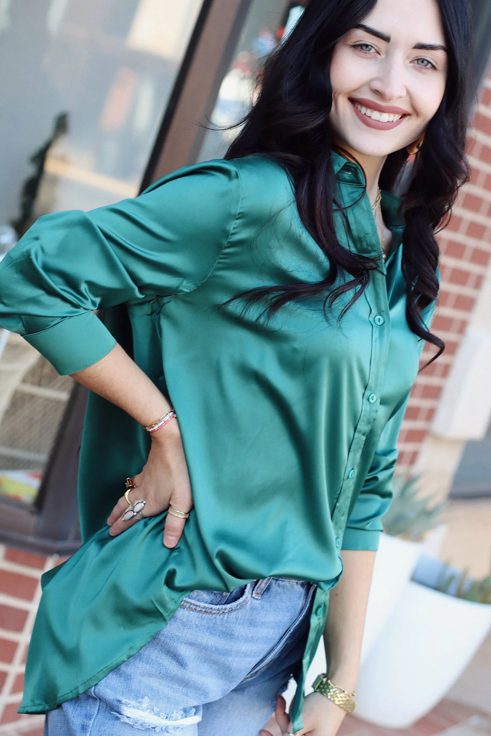 Cassidy Satin Blouse   Hunter Green