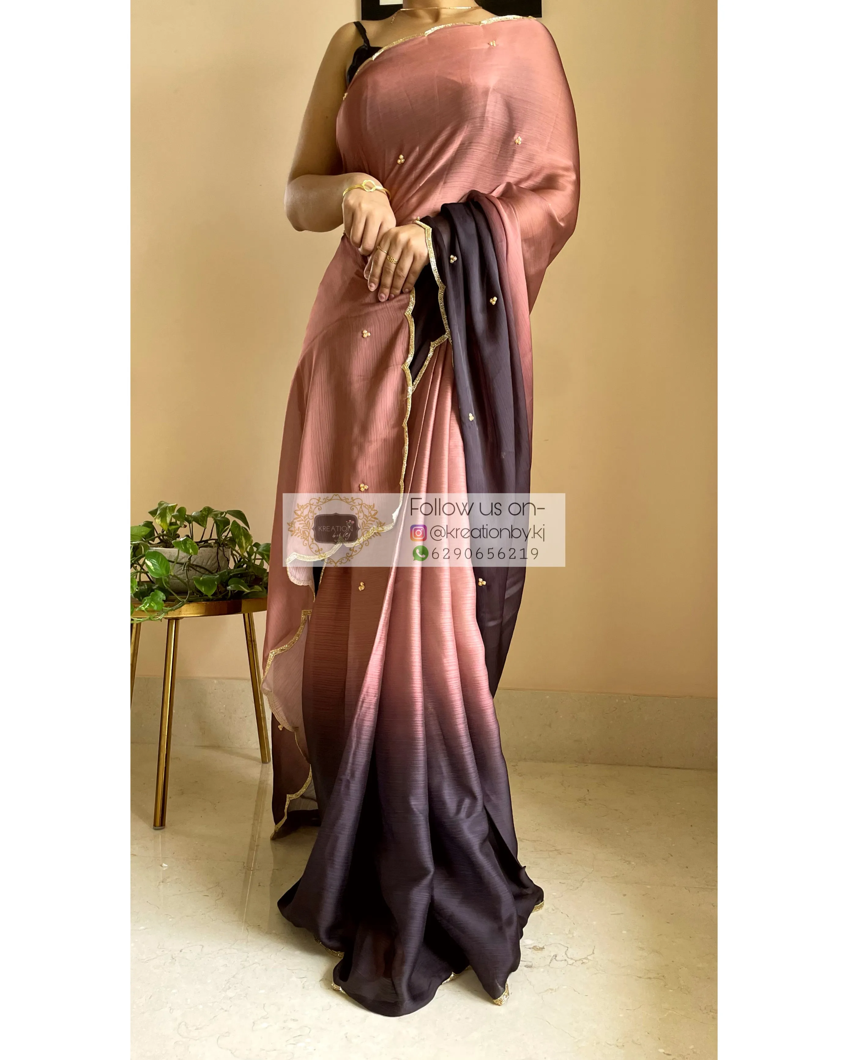 Chai Coffee Crepe Silk Saree with Handembroidered Scalloping