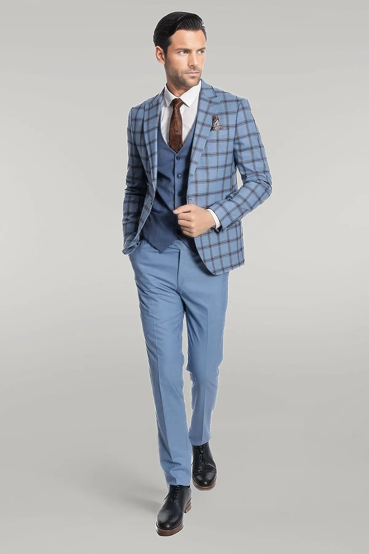 Checked Patterned Slim Fit Blue Men Suit - Wessi