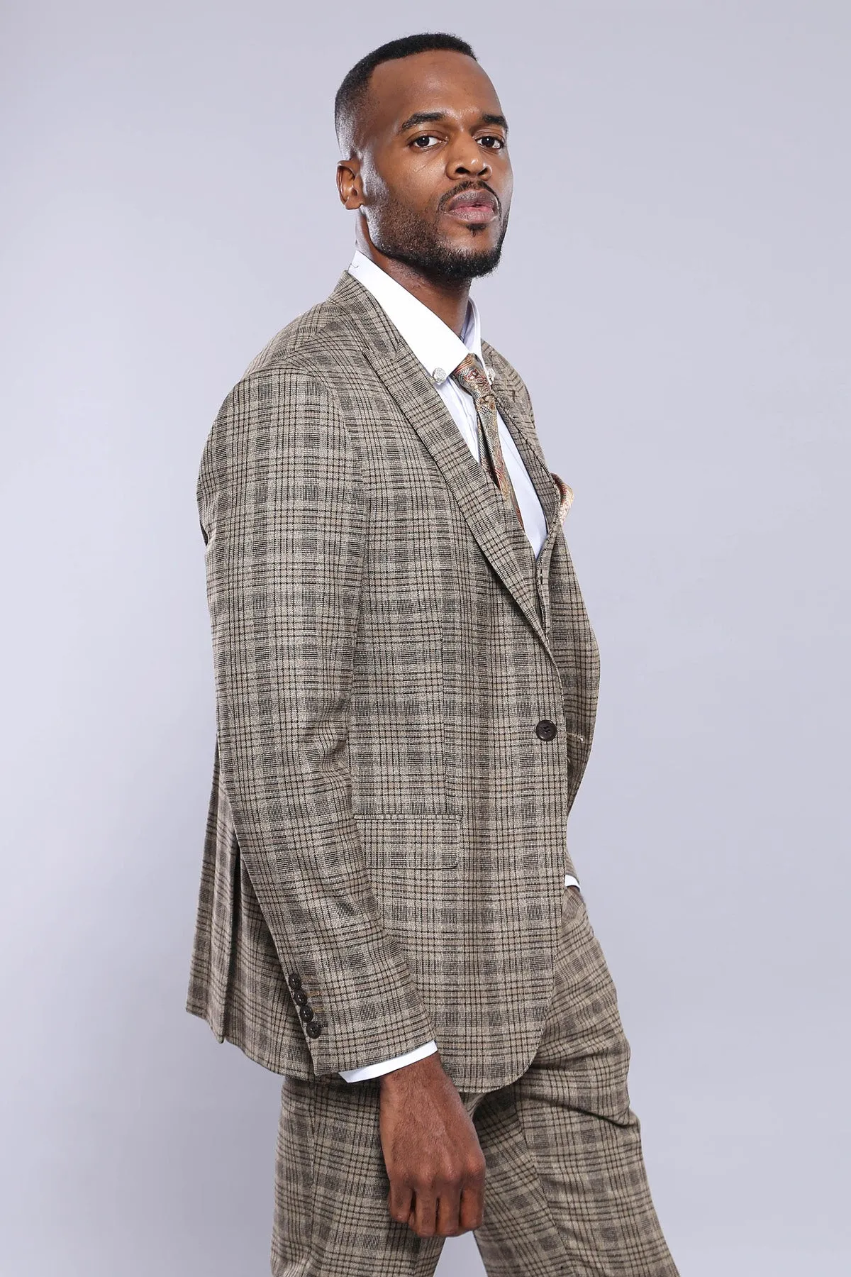 Checked Slim-Fit Light Brown Men Blazer - Wessi