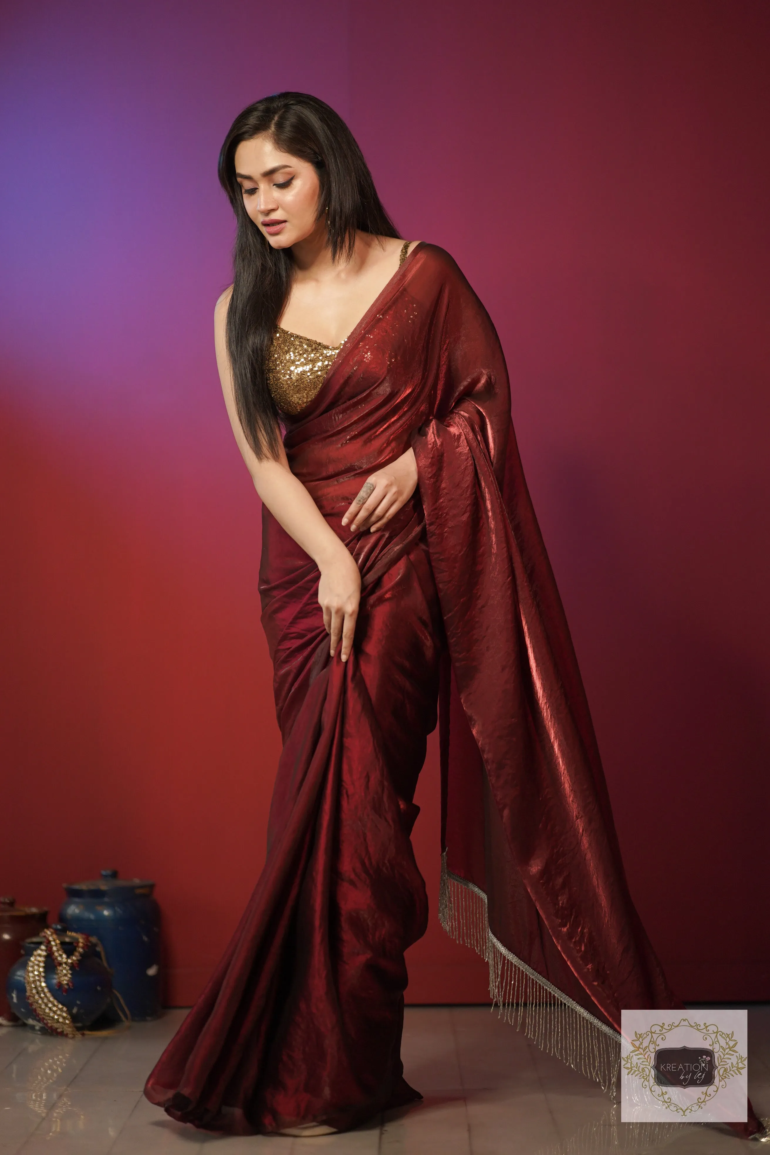 Cheery Wine Shimmer Satin Saree with Hand made Tassels on Pallu