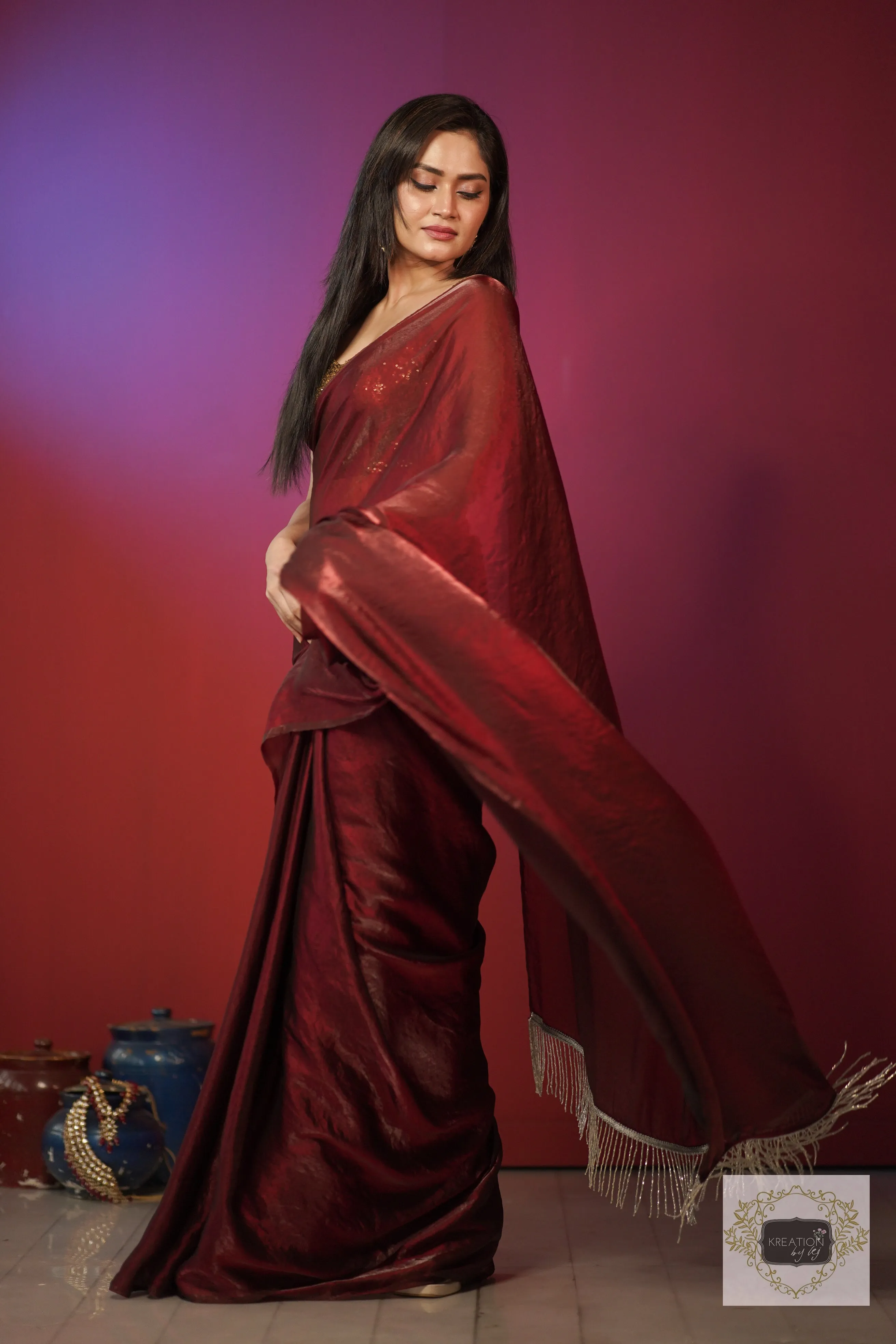 Cheery Wine Shimmer Satin Saree with Hand made Tassels on Pallu