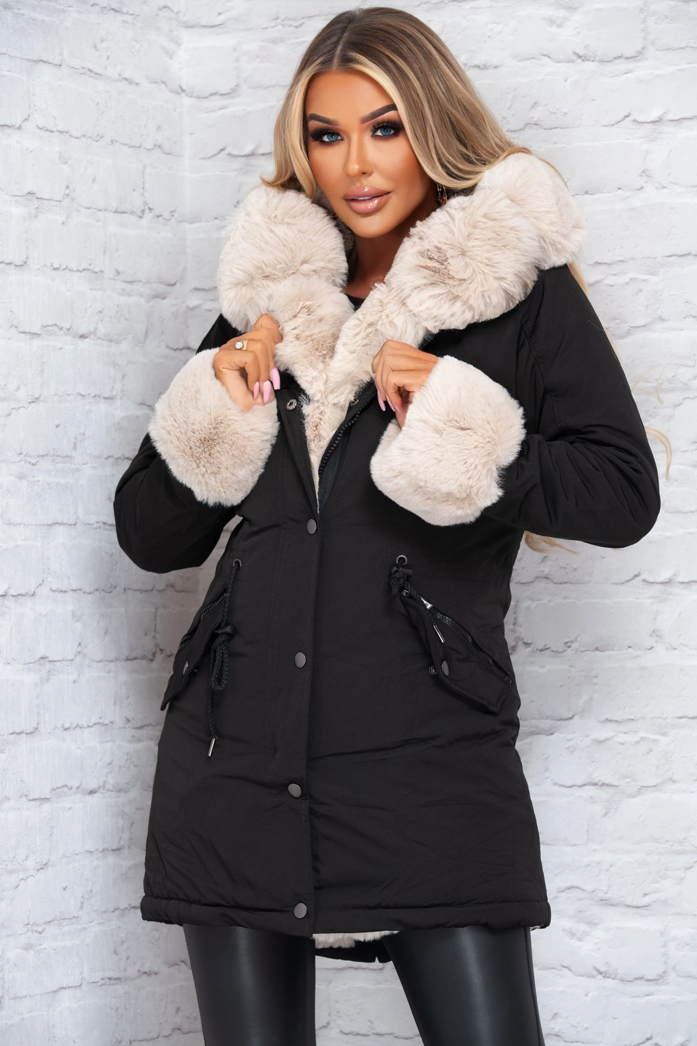 Cocoa Kisses Black Faux Fur Trim Parka Coat