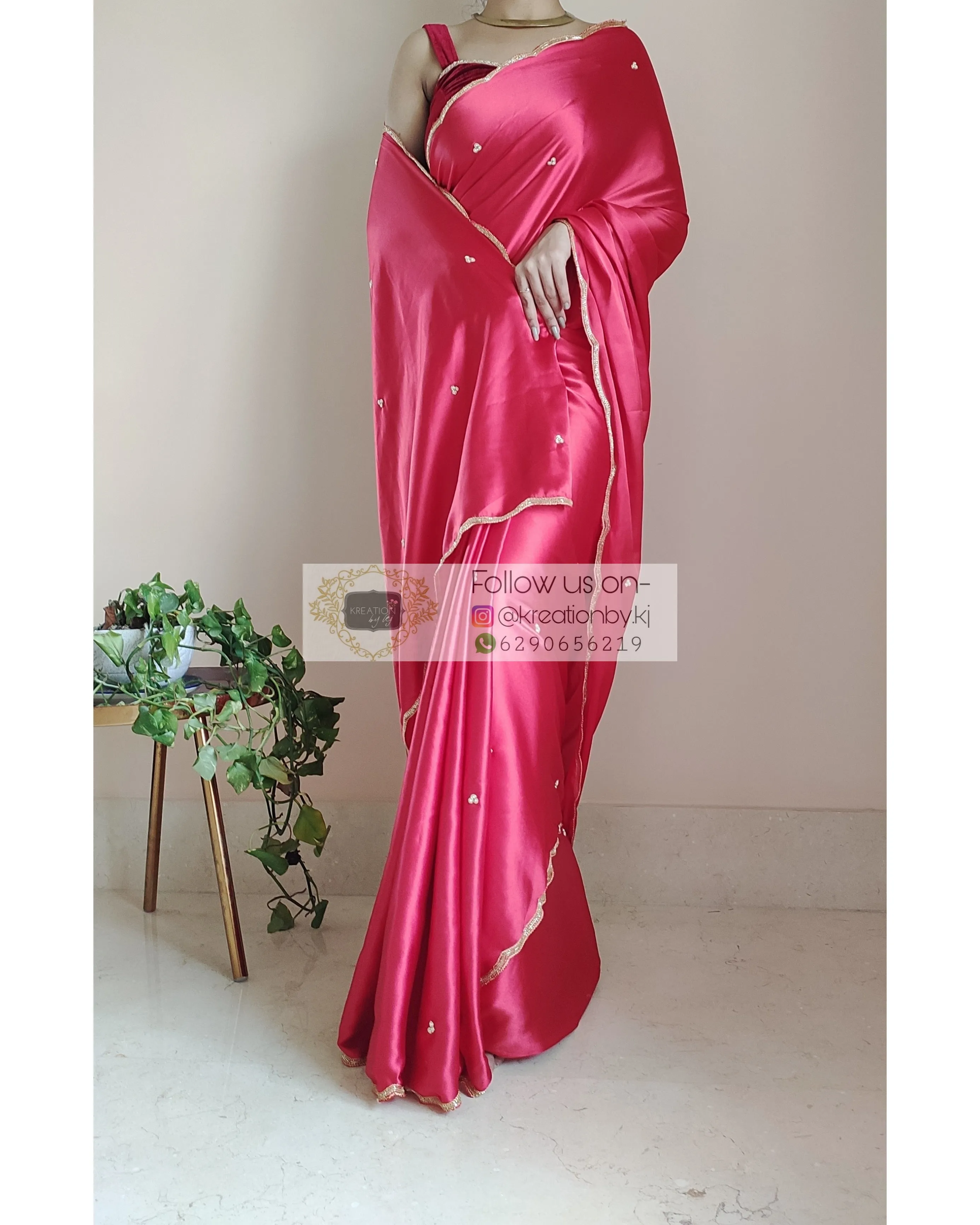 Crimson Red Satin Silk Saree With Handembroidered Scalloping