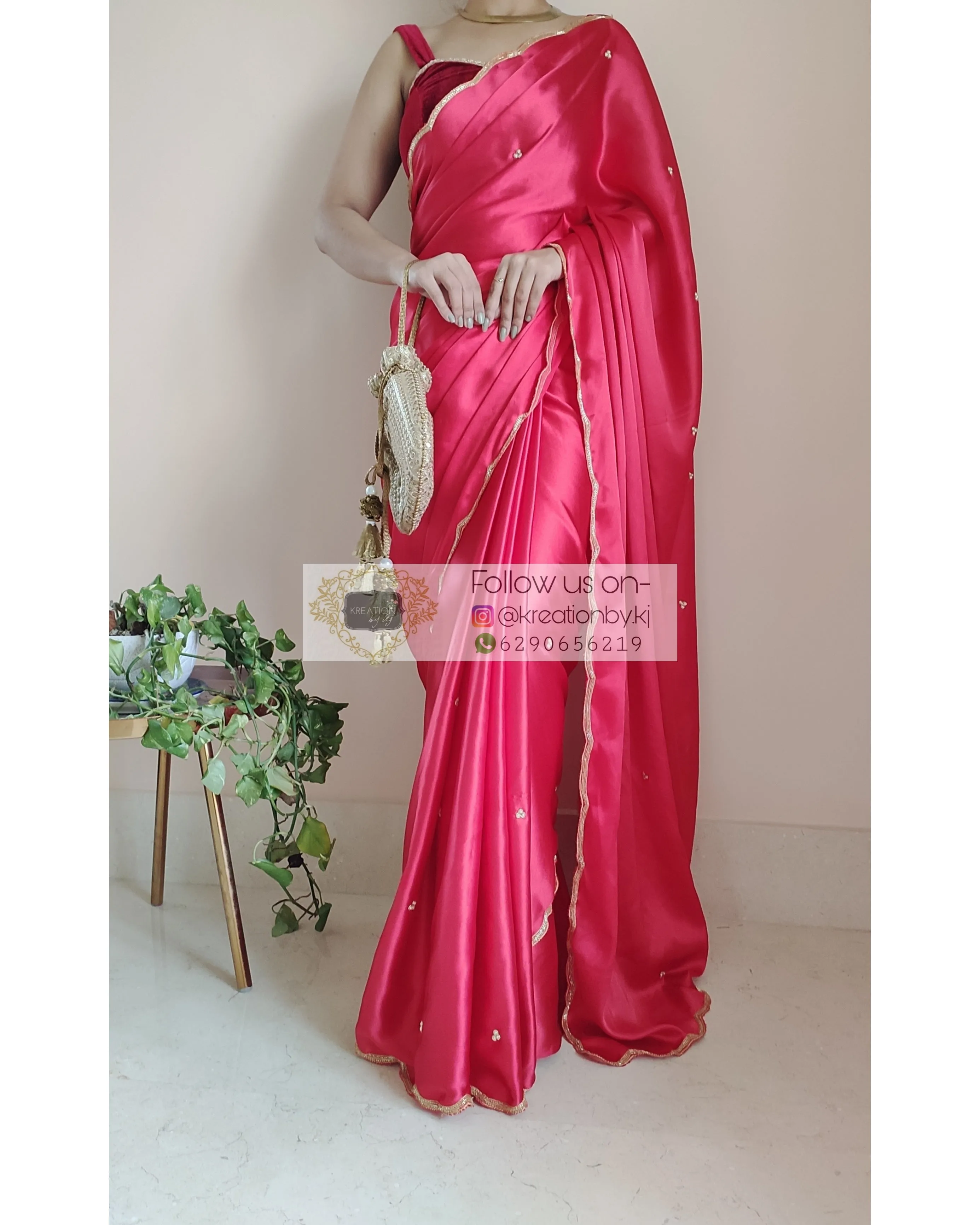 Crimson Red Satin Silk Saree With Handembroidered Scalloping