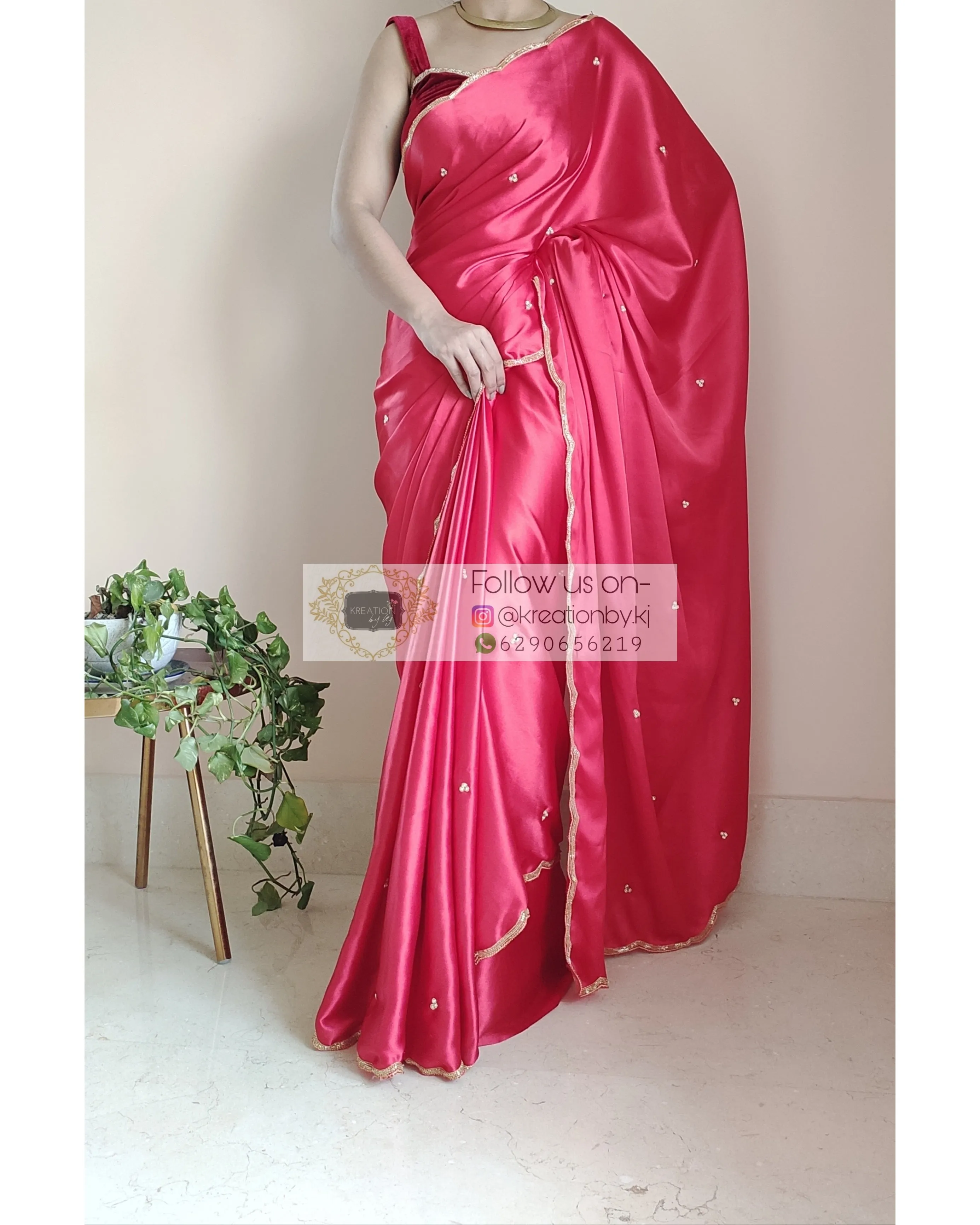 Crimson Red Satin Silk Saree With Handembroidered Scalloping