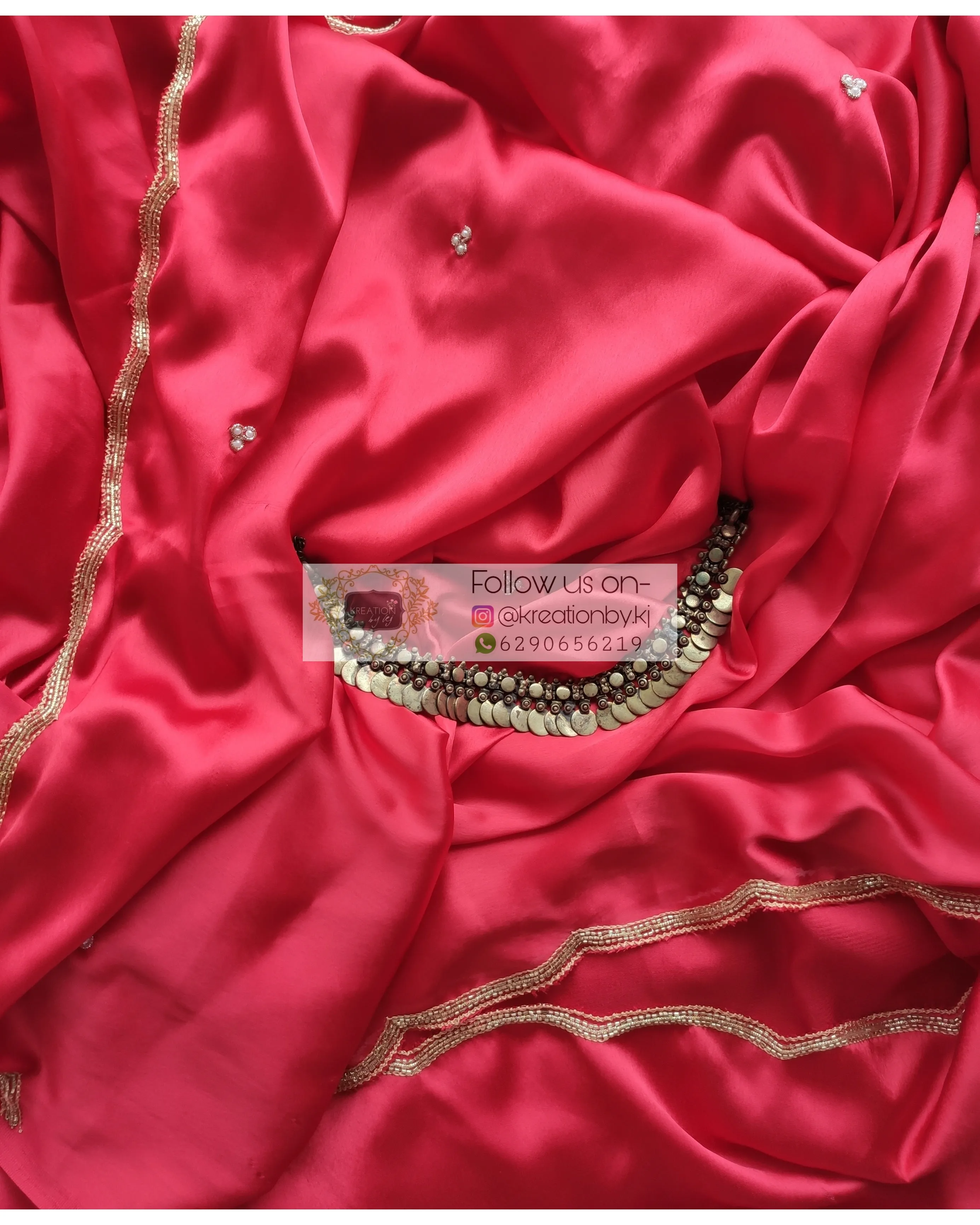 Crimson Red Satin Silk Saree With Handembroidered Scalloping