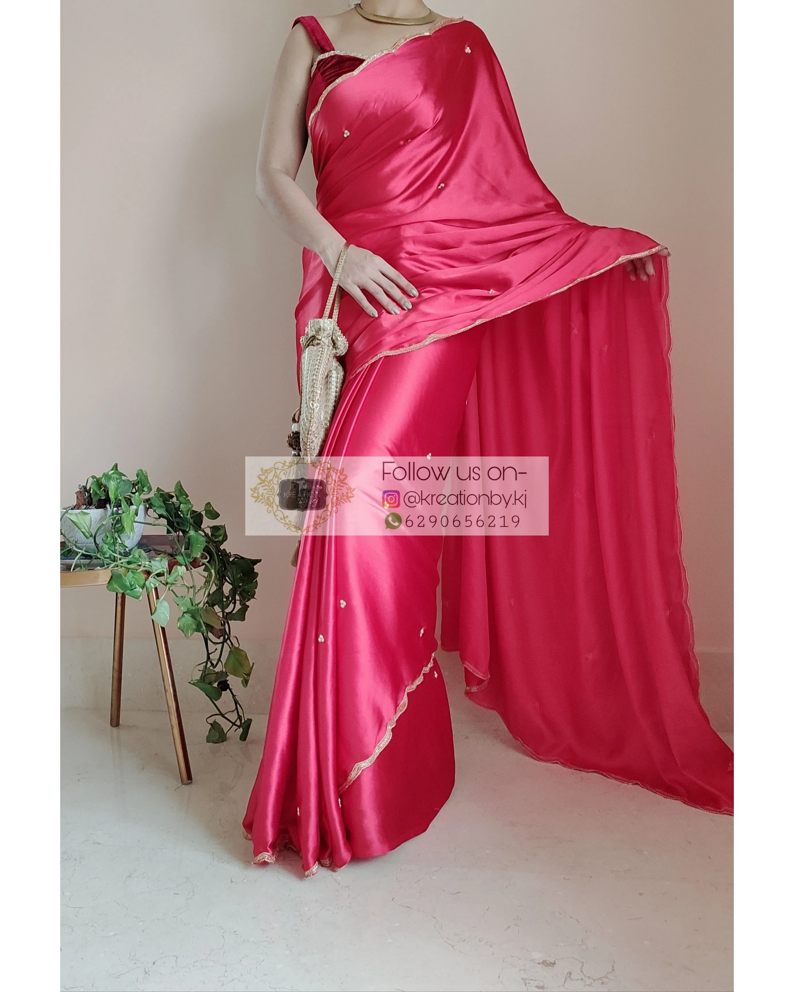 Crimson Red Satin Silk Saree With Handembroidered Scalloping