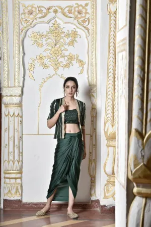 Dark Green Satin Draped Skirt with Top and Jacket