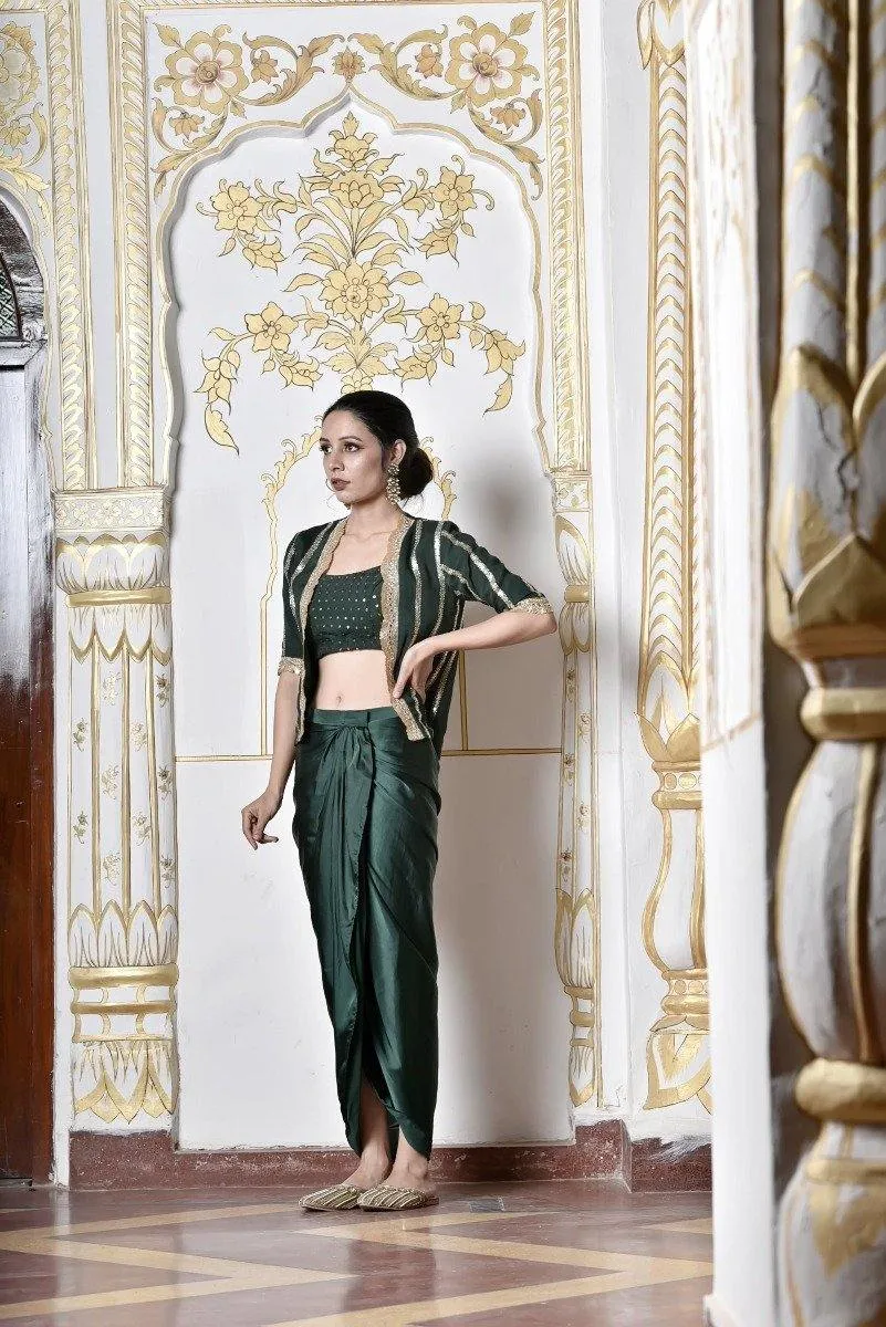 Dark Green Satin Draped Skirt with Top and Jacket