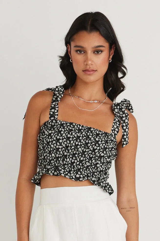 Delicious Black Ditsy Floral Shirred Cami Top