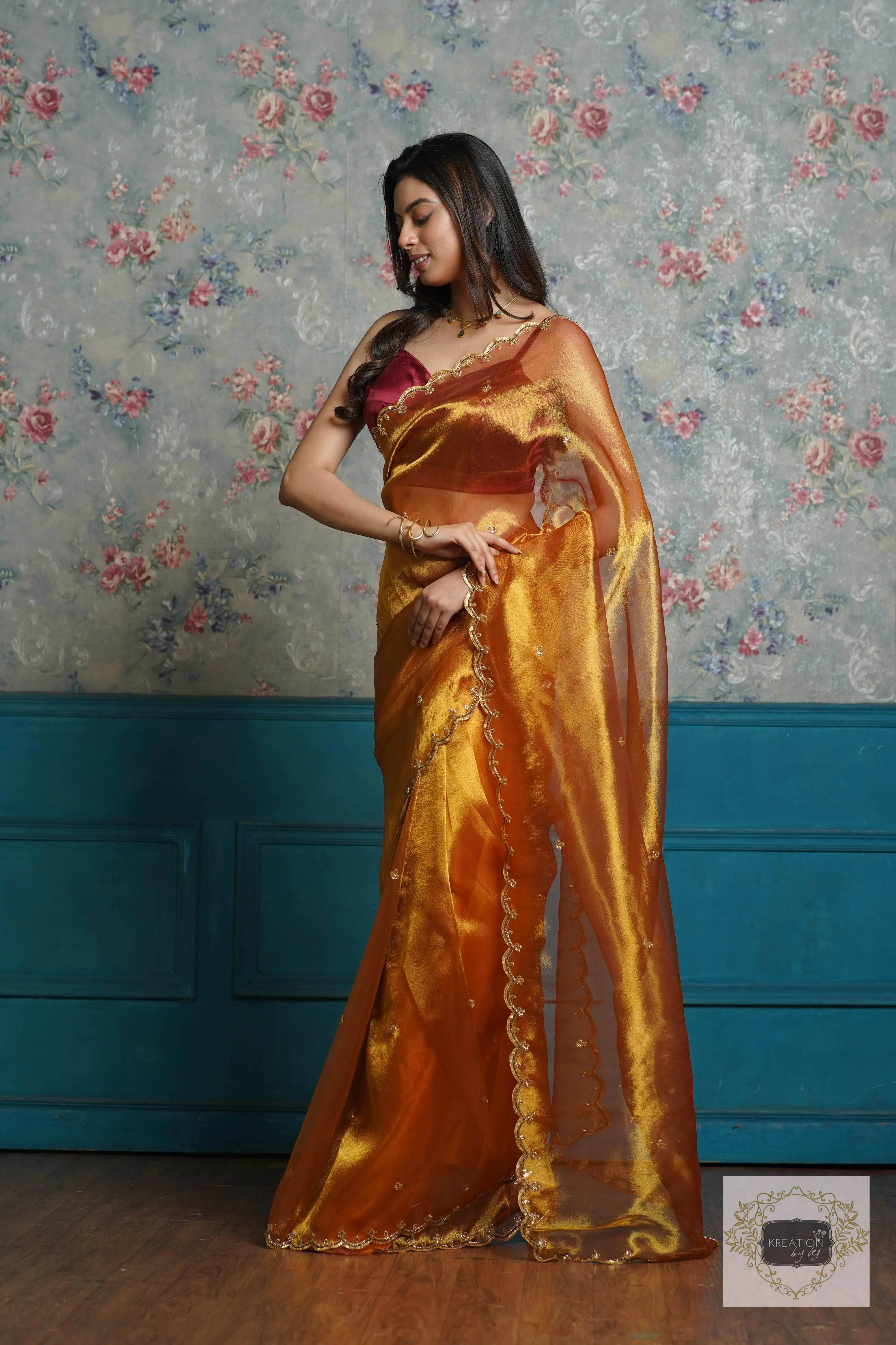 Fiery Gold Zari Tissue Sequins Piyali Saree