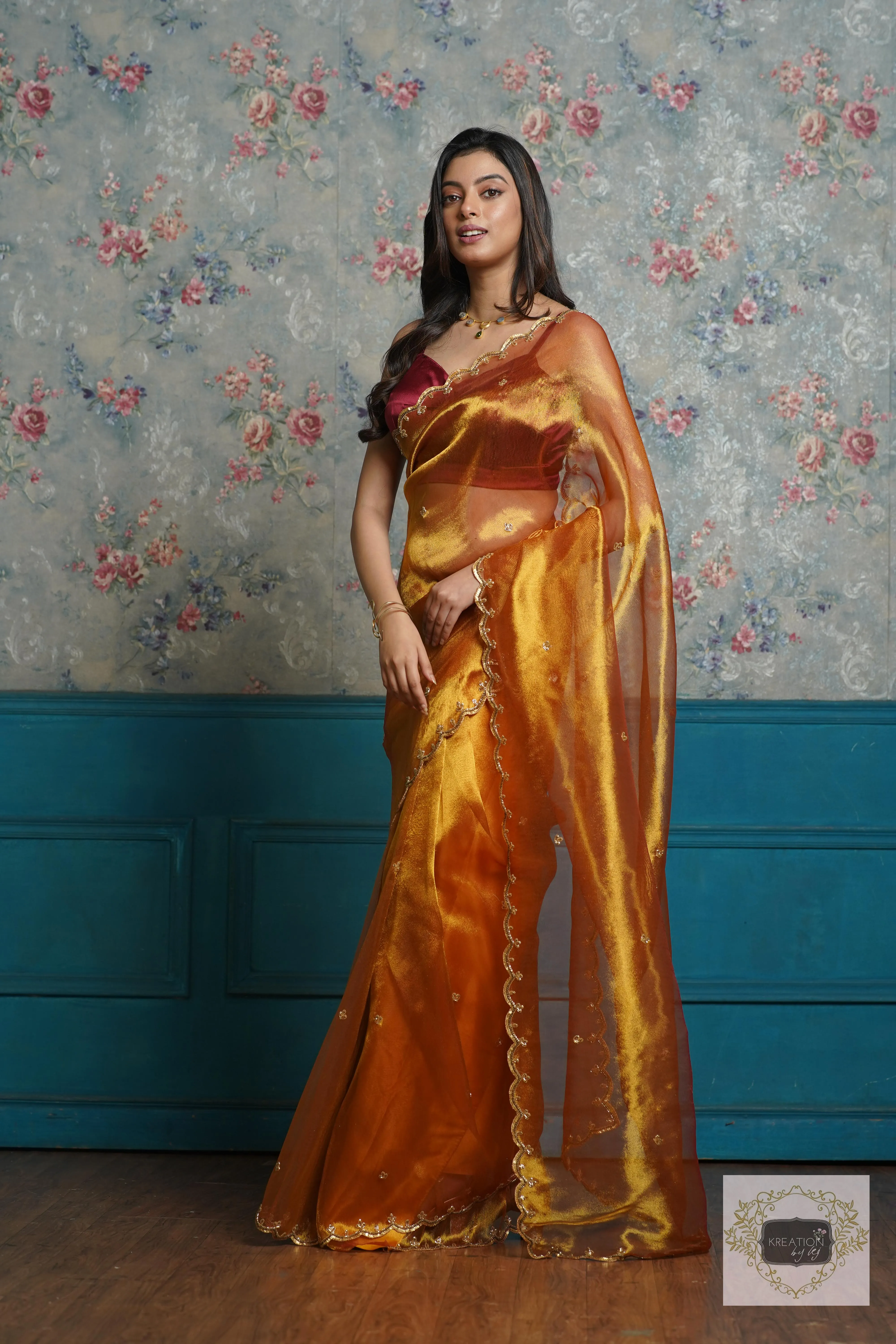 Fiery Gold Zari Tissue Sequins Piyali Saree