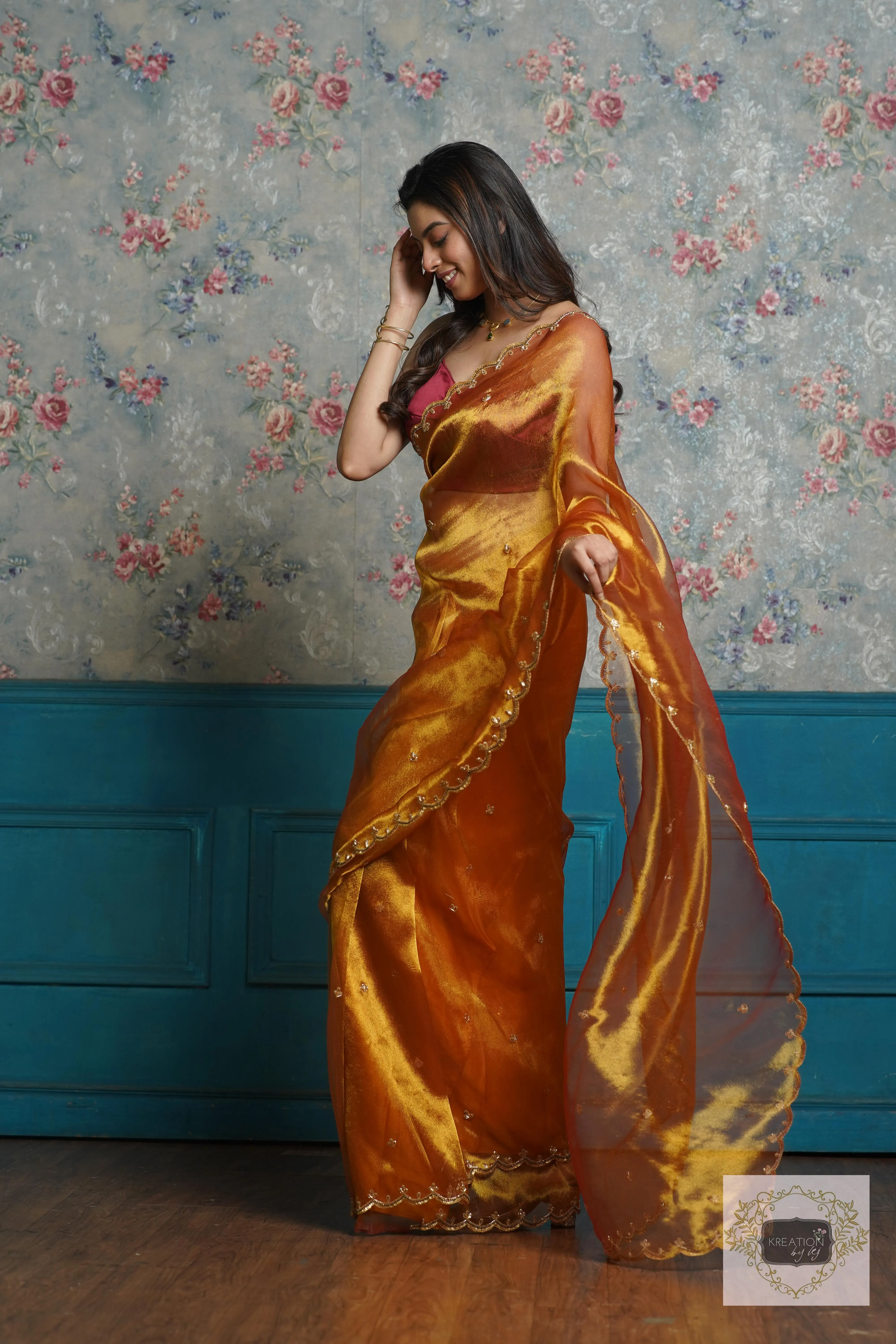 Fiery Gold Zari Tissue Sequins Piyali Saree