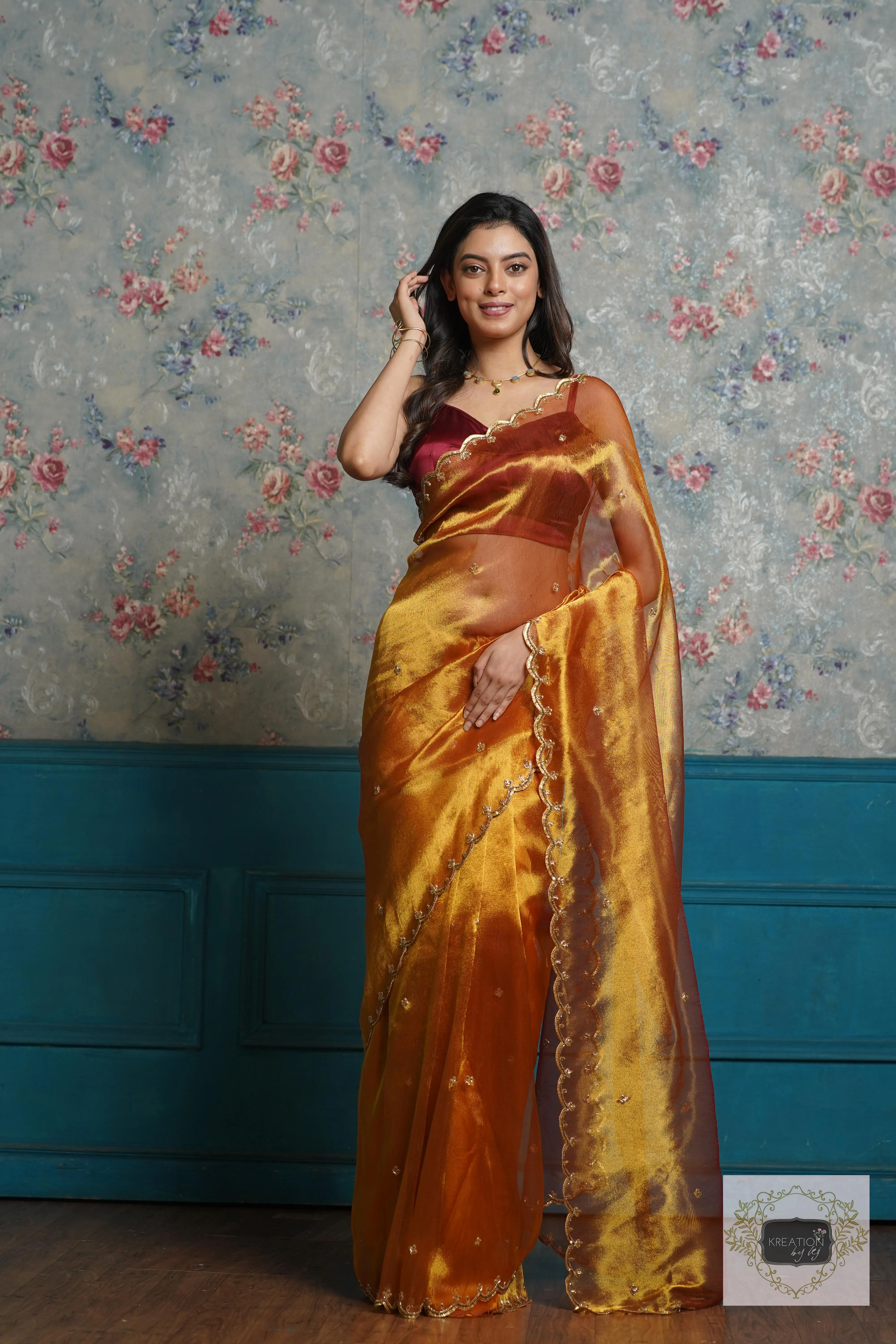 Fiery Gold Zari Tissue Sequins Piyali Saree