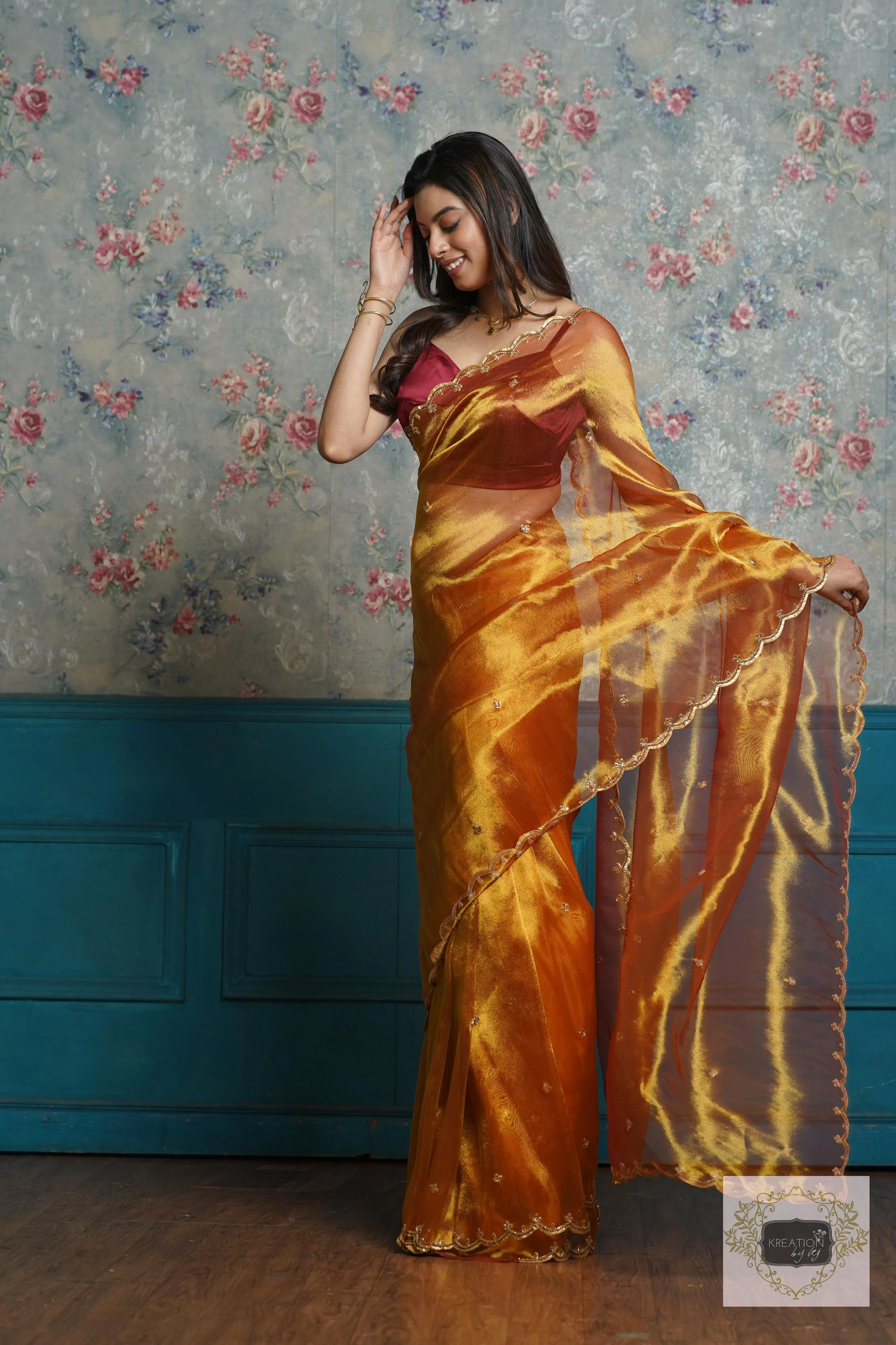 Fiery Gold Zari Tissue Sequins Piyali Saree