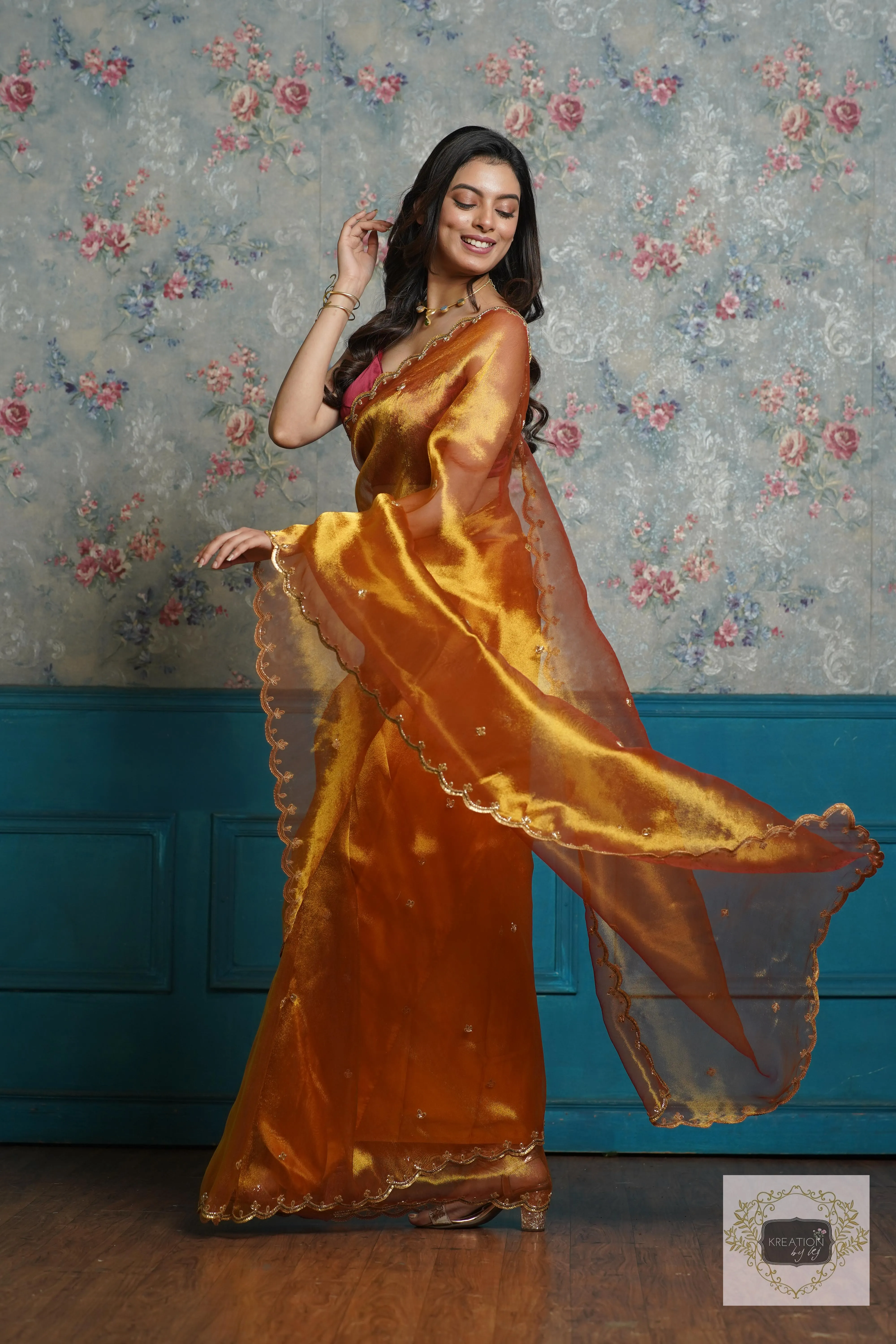 Fiery Gold Zari Tissue Sequins Piyali Saree