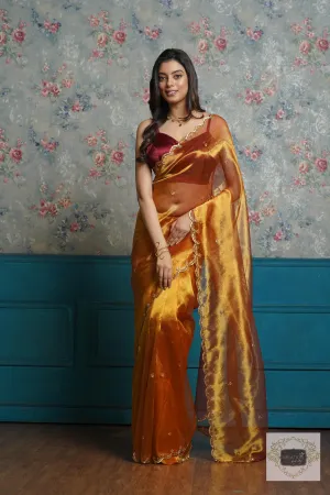 Fiery Gold Zari Tissue Sequins Piyali Saree