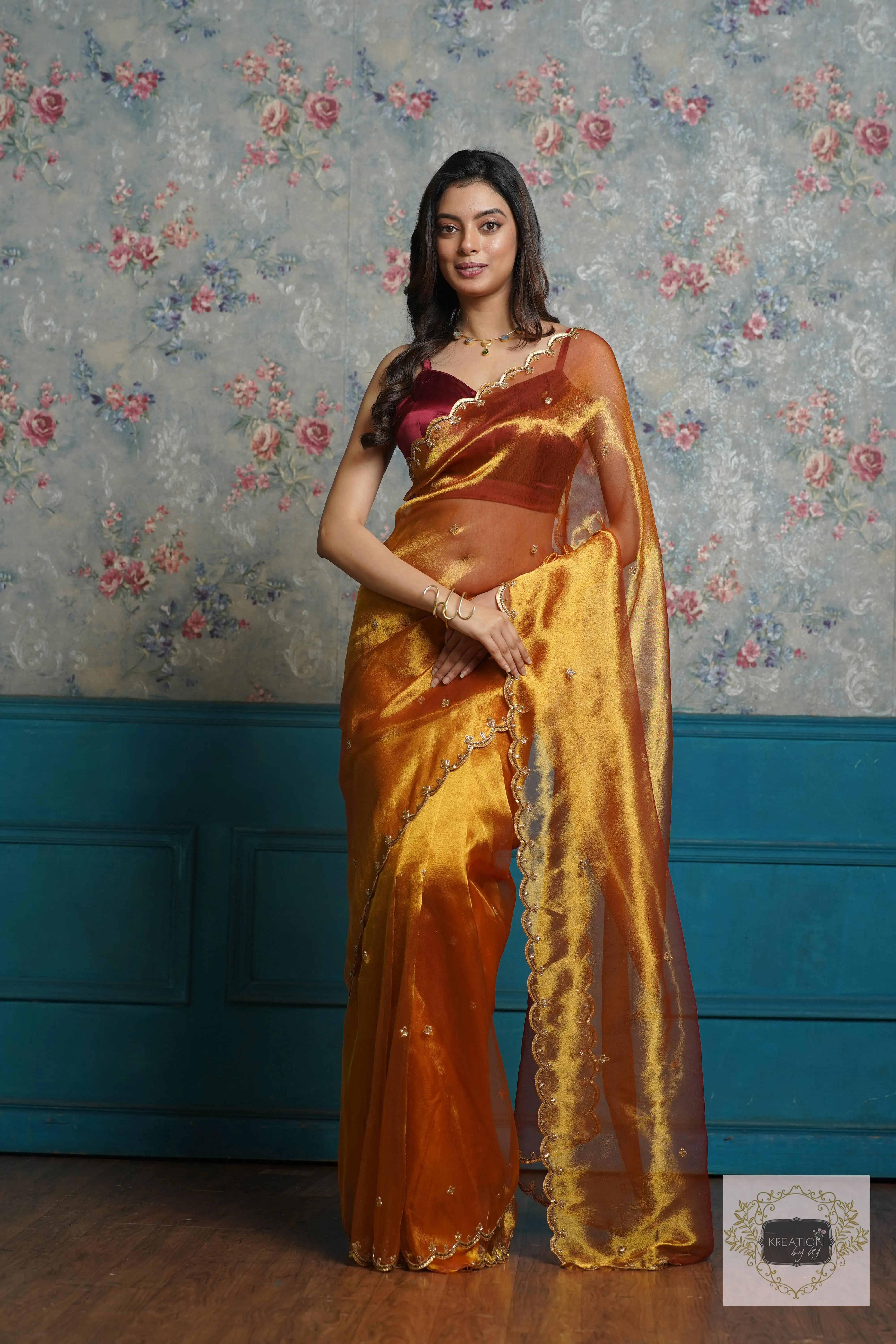 Fiery Gold Zari Tissue Sequins Piyali Saree