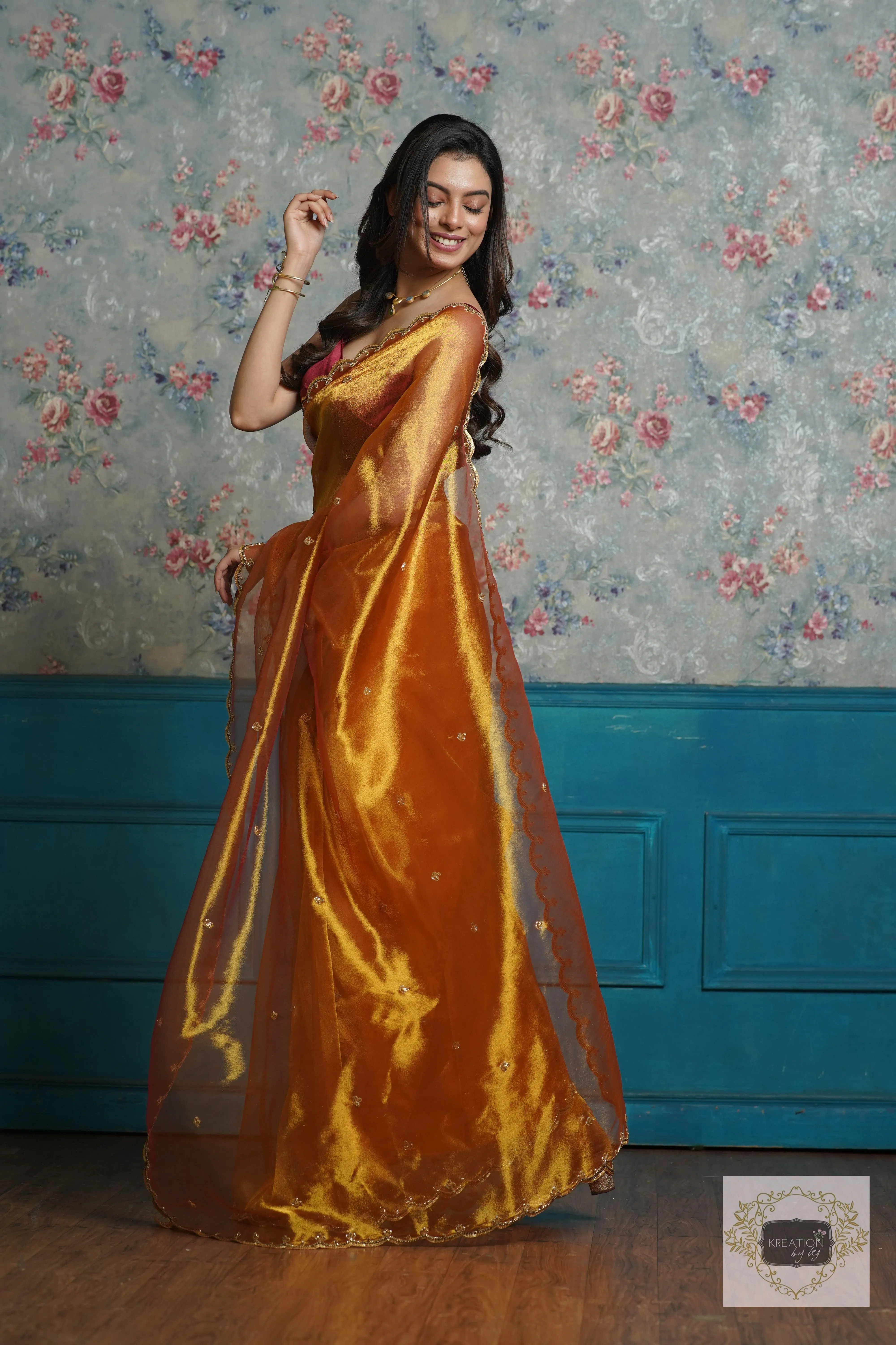 Fiery Gold Zari Tissue Sequins Piyali Saree