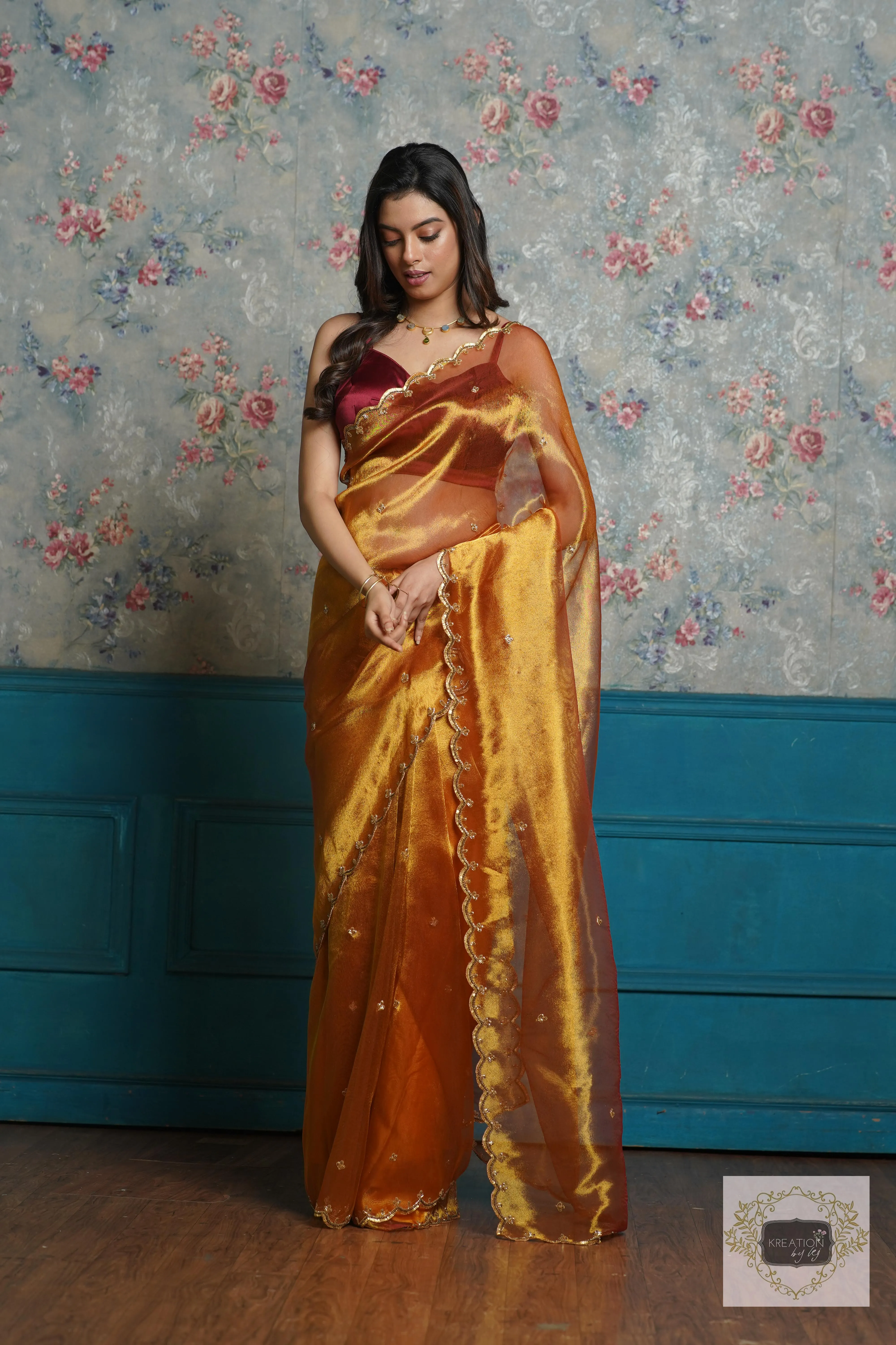 Fiery Gold Zari Tissue Sequins Piyali Saree