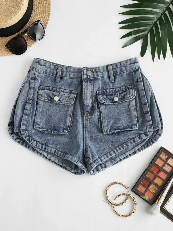 Flap Pockets Denim Cargo Shorts for Women