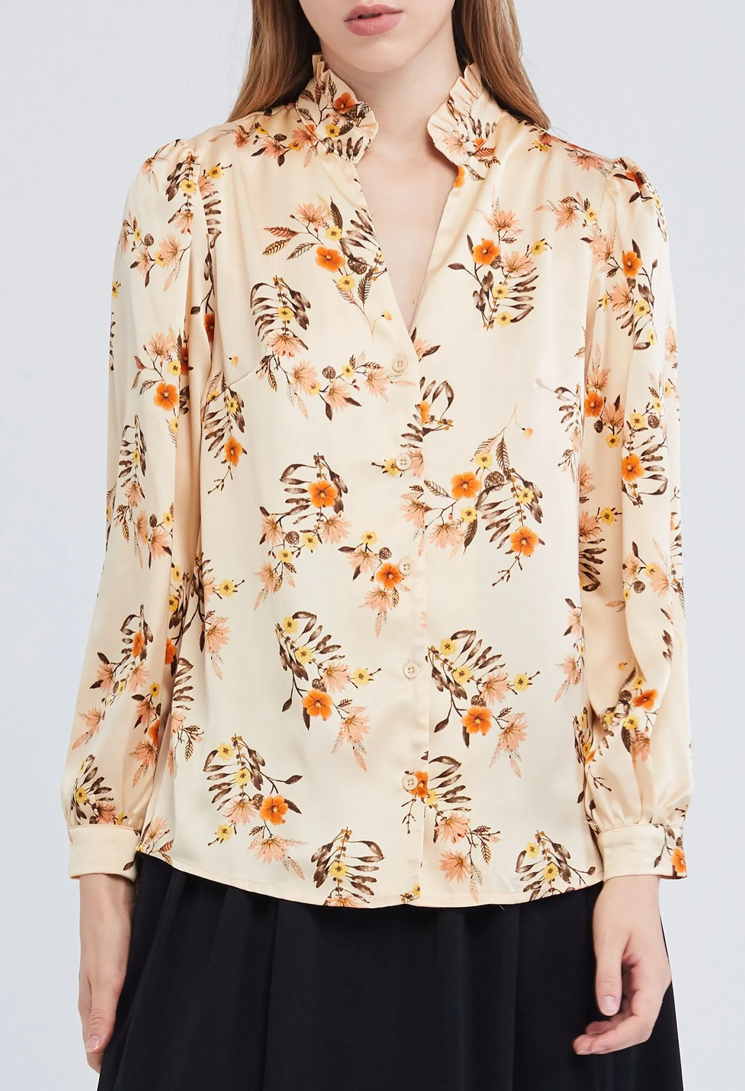 Floral Bunch Frill Collar Satin Blouse