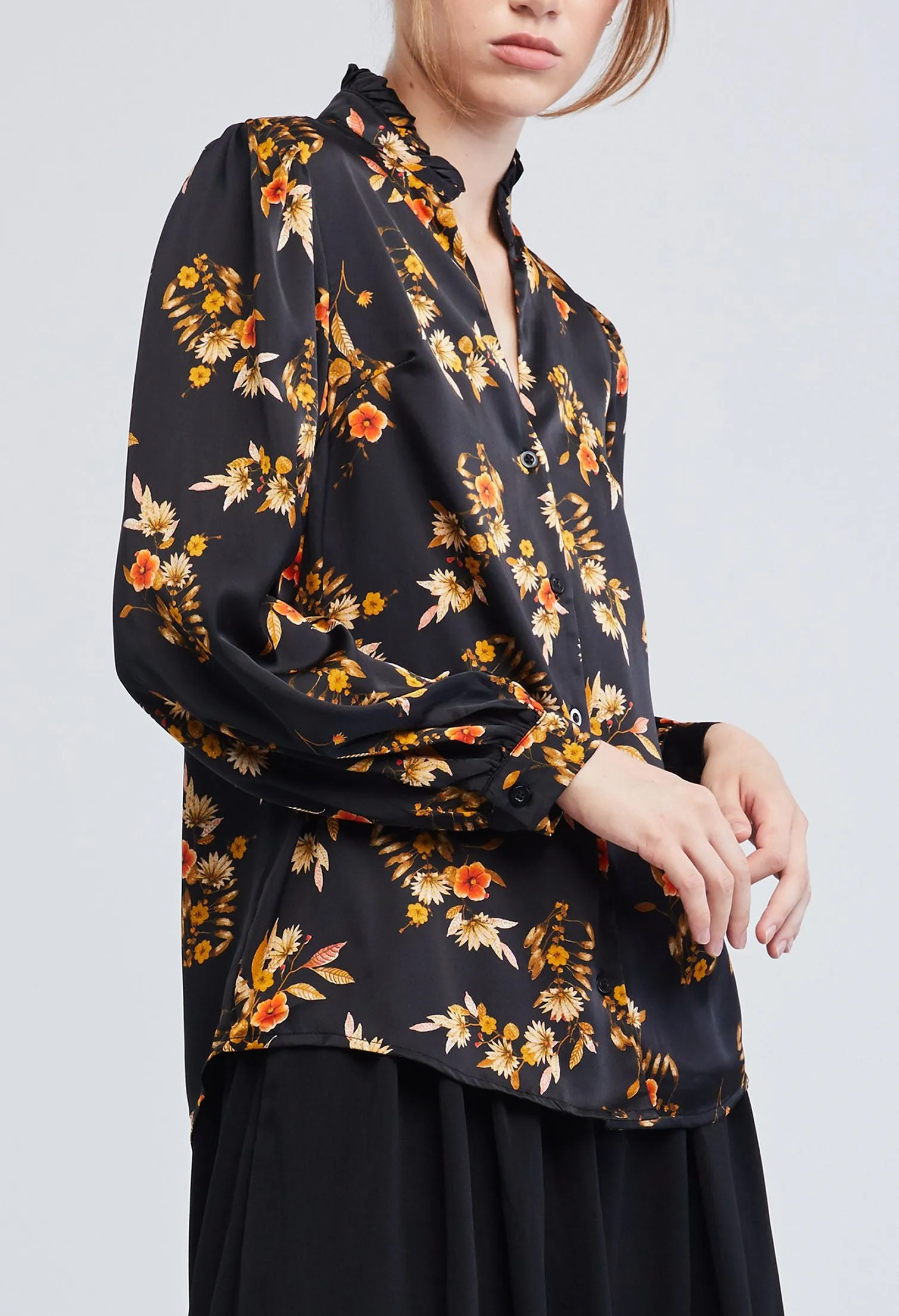 Floral Bunch Frill Collar Satin Blouse