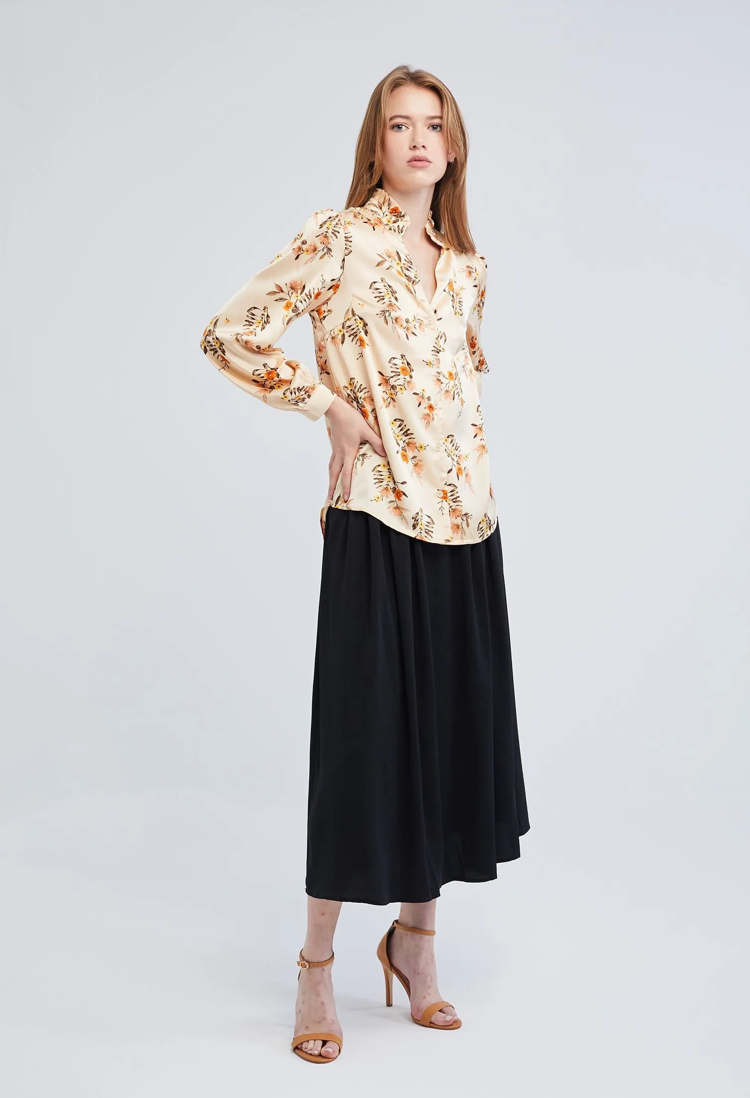 Floral Bunch Frill Collar Satin Blouse