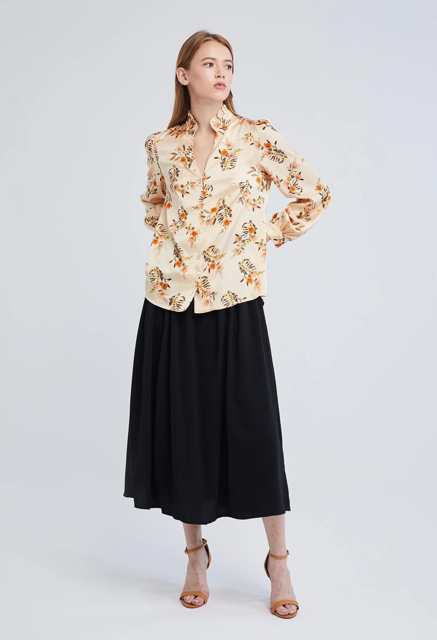 Floral Bunch Frill Collar Satin Blouse