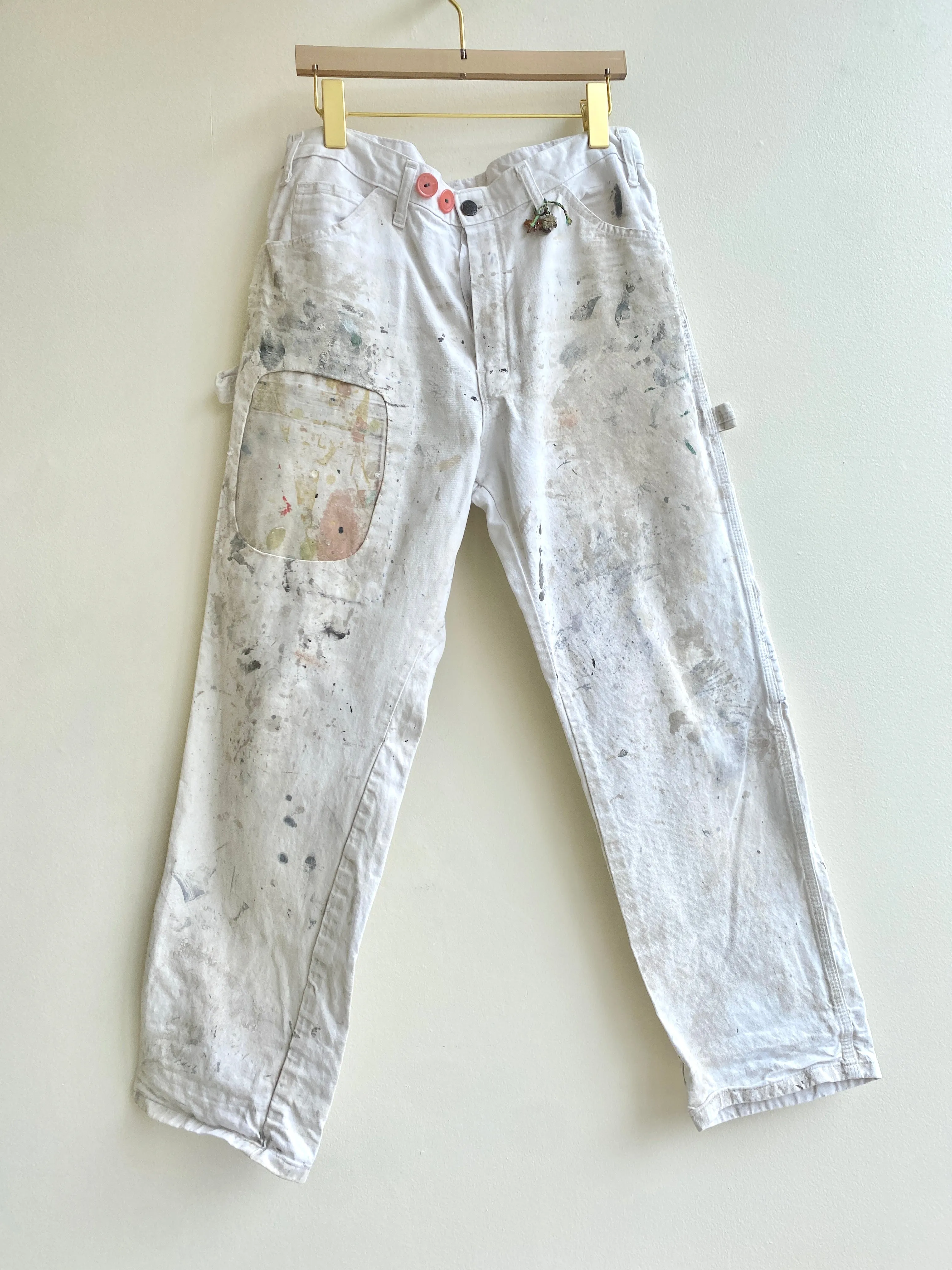 Hand Stitched Painters Drop Cloth Patched Pants w/ Cracker Jack Charm (Reworked)